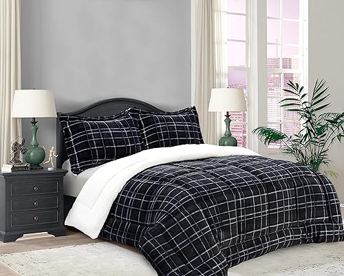 Elegant Comfort Edredón de sherpa suave y afelpado, colección Lilith a cuadros, juego de cama de 2 piezas, microgamuza alternativa reversible,