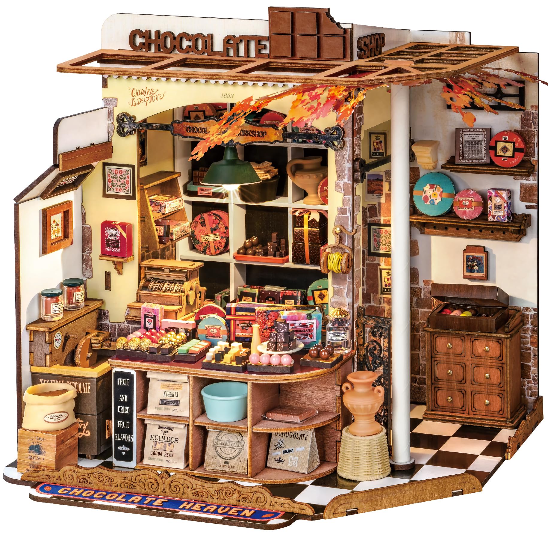 ROBOTIME Kit Casa delle Bambole in Miniatura Henry’s Chocolate, Fai-da-te in Legno con LED, Modellismo da Costruire Adulti, Regalo Creativo per Adulti e Adolescenti