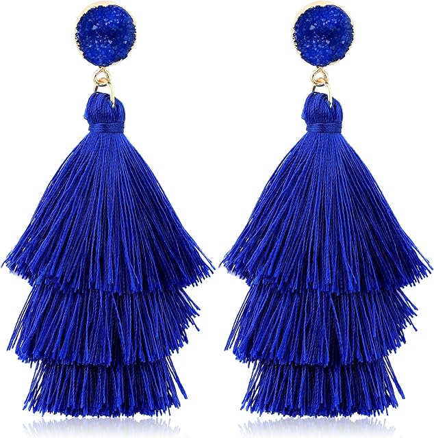Diamday Tassel Statement Earrings for Women Clip On Drop Earrings Colorful Bohemian Tiered Tassel Druzy Dangle Drop Earrings Non Piercing Jewelry Birthday Christmas Valentines Day Gift