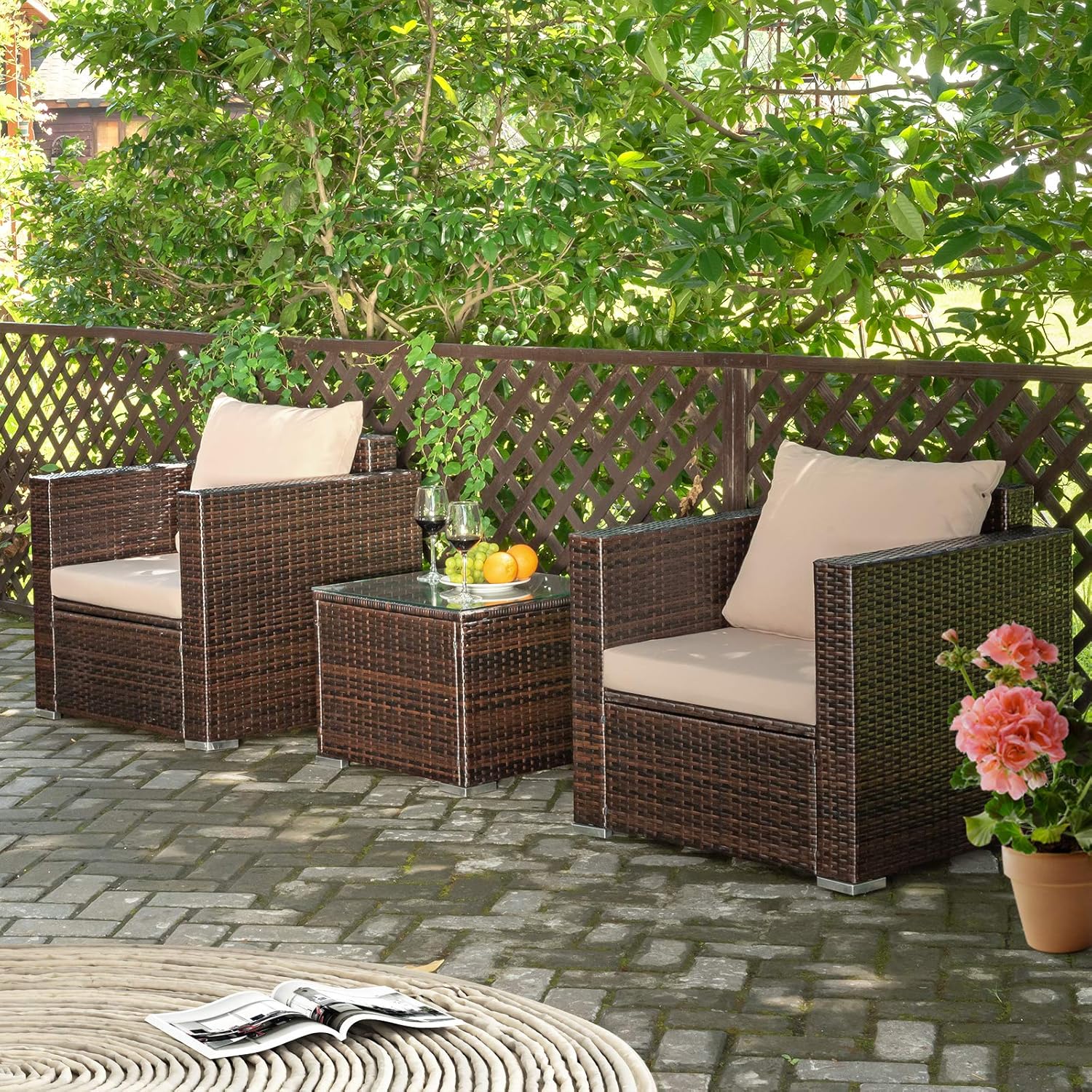 Patio Conversation Set Outdoor, 3-Piece Rattan Wicker Furniture Set with Water-Resistant Cushion & Tempered Glass Tabletop, Patio Furniture Set for Balcony, Porch, Poolside(Beige)