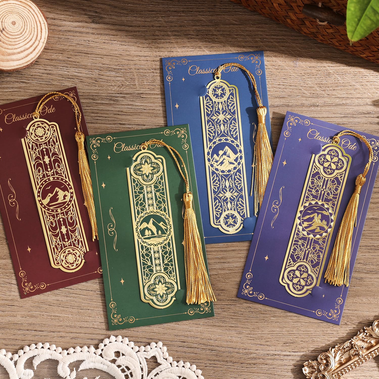 4 Pieces Metal Bookmarks with Tassel, Golden Hollow Bookmark Oil Painting Theme Book Mark Bookmarks for Book Lovers Writers Readers Children Teens Men Women Adults: 4Pcs Mountain