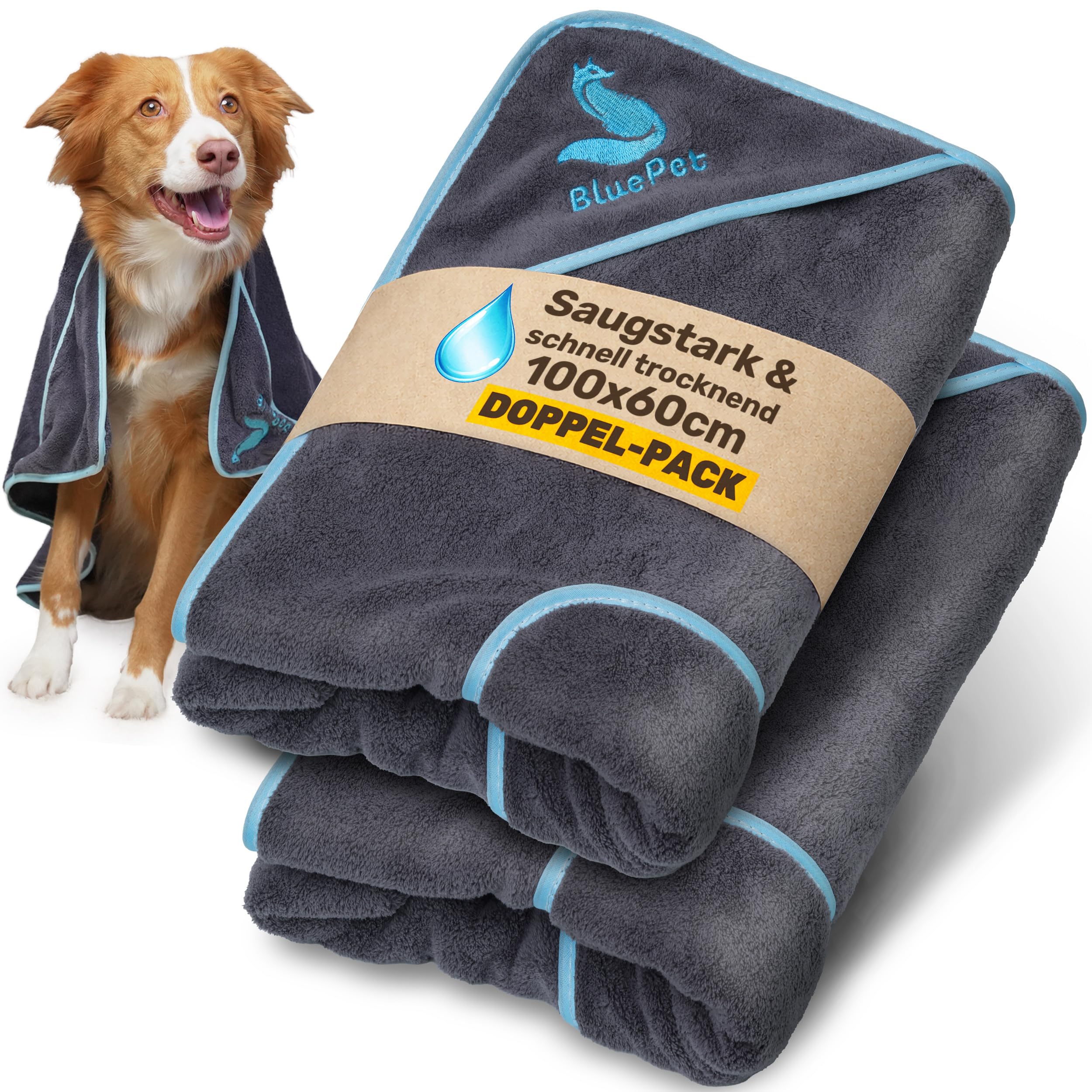 BluePet Hundehandtuch 100x60cm - Extra Saugfähig & Schnell Trocknend - Handtuch für kleine & große Hunde, Als Badetuch Mikrofaserhandtuch & Hundehandtücher (2X Hundehandtuch)