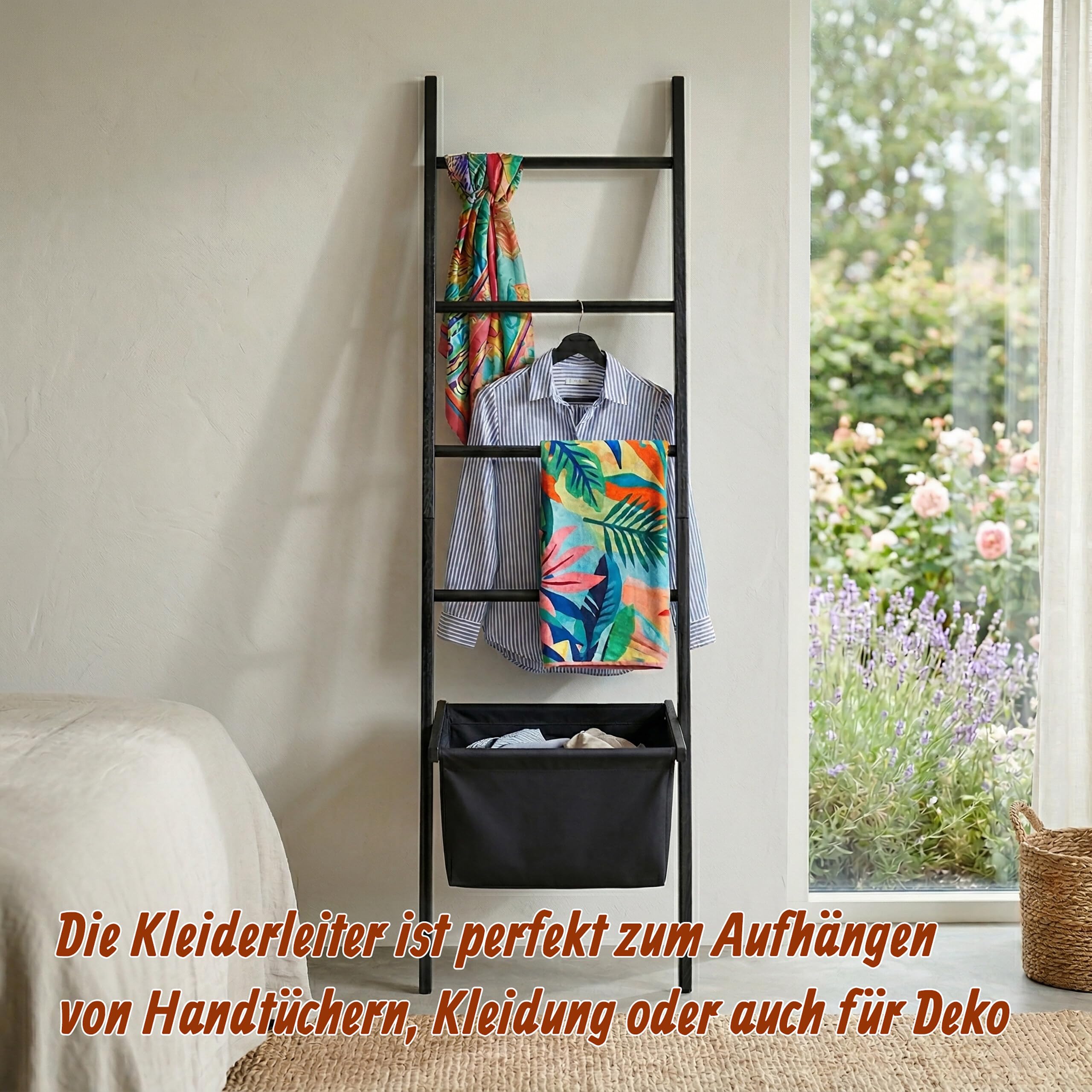 Relaxdays Handtuchleiter, 4 Sprossen, Wäschekorb, HxB: 170 x 50 cm, schwarz