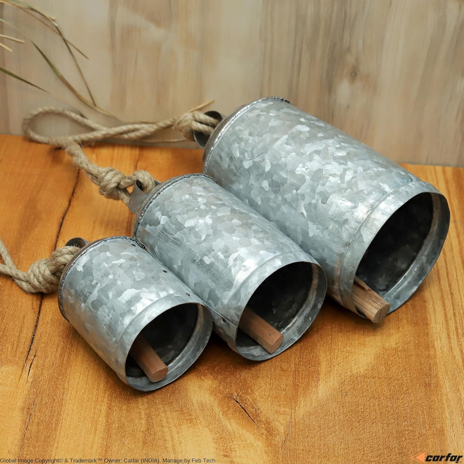 Set of 3 Large Galvanized Metal Hanging Bells with Jute Rope Rustic Farmhouse Wall, Porch & Garden Decor Handcrafted Vintage-Style Cowbells for Holiday Display, Outdoor Accents & Country