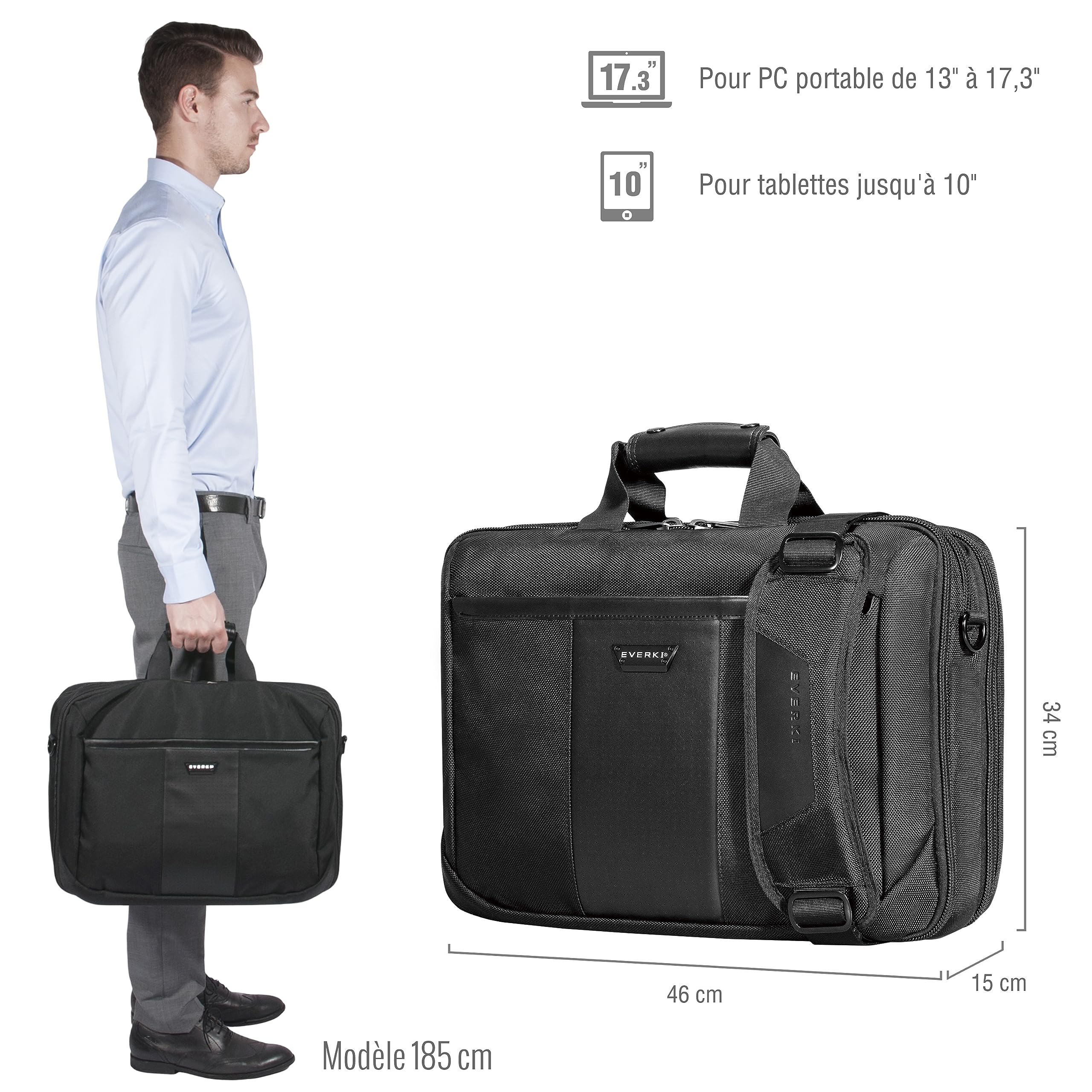 Everki Versa sacoche pour ordinateur portable – robuste pour laptops 13"–17,3", sac de voyage déperlant à multiples poches pour business, sac élégant femme/homme – Noir (EKB427BK17)