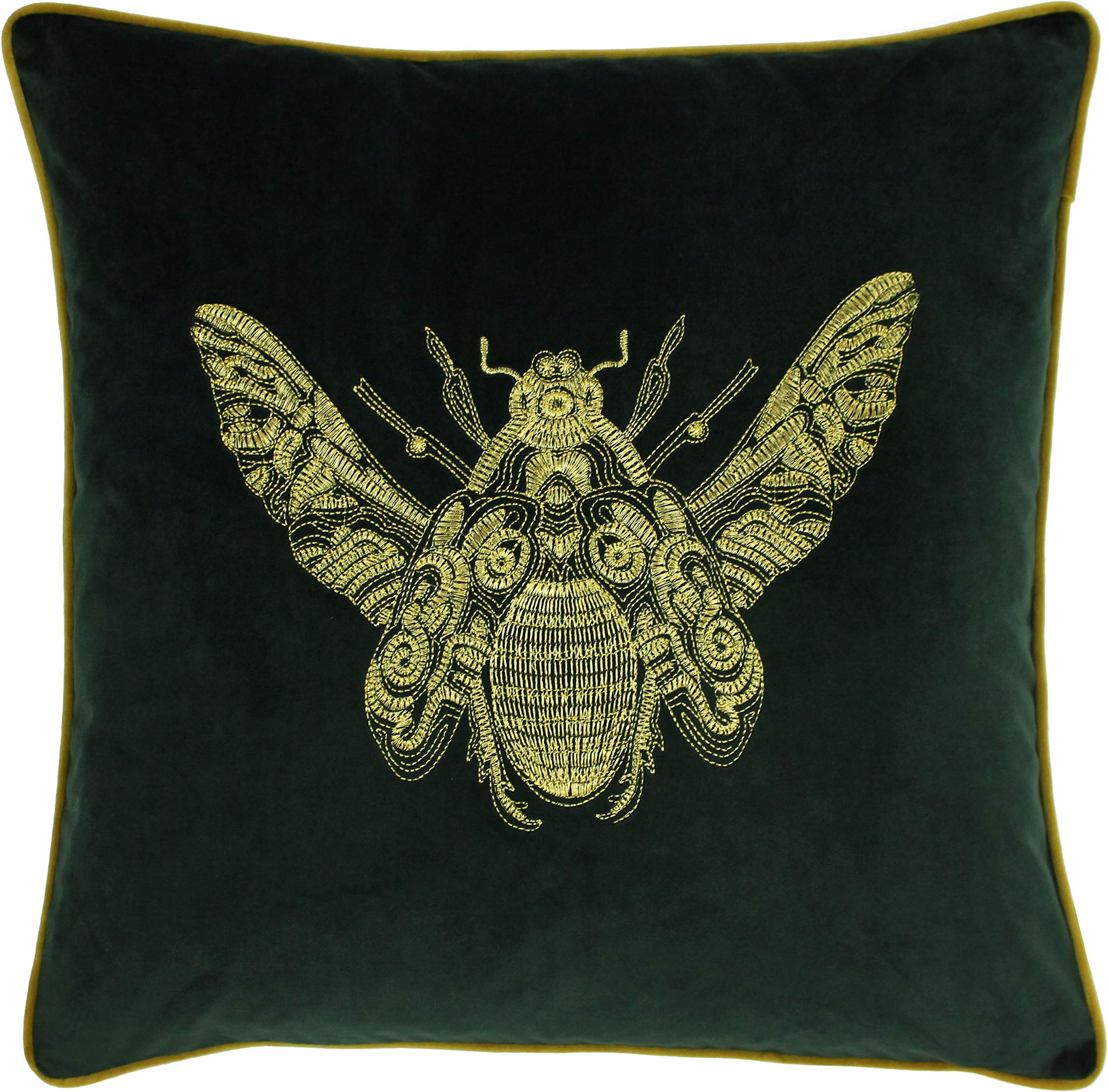 Riva Paoletti Cerana Cushion Cover - Emerald Green - Super Soft Velvet Fabric - Embroidered Gold Bee Design - Gold Piped Edges - 100% Polyester - 50 x 50cm (20" x 20" inches)