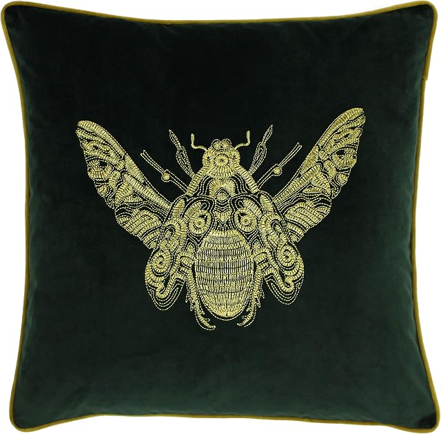 Riva Paoletti Cerana Cushion Cover - Emerald Green - Super Soft Velvet Fabric - Embroidered Gold Bee Design - Gold Piped Edges - 100% Polyester - 50 x 50cm (20" x 20" inches)
