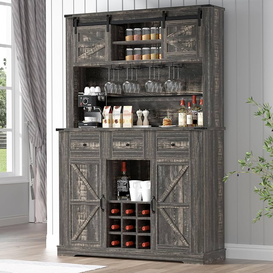Coffee Hutch Cabinet 47" Farmhouse Coffee Bar With 3-Tier Storage, Kitchen Hutch Coffee Hutch Cabinet With Storage