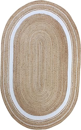 Geometric Collection - Alfombra ovalada de 2.6 x 4 pies, beige y blanco natural, yute de tejido plano hecho a mano, 0.27 pulgadas de grosor, ideal