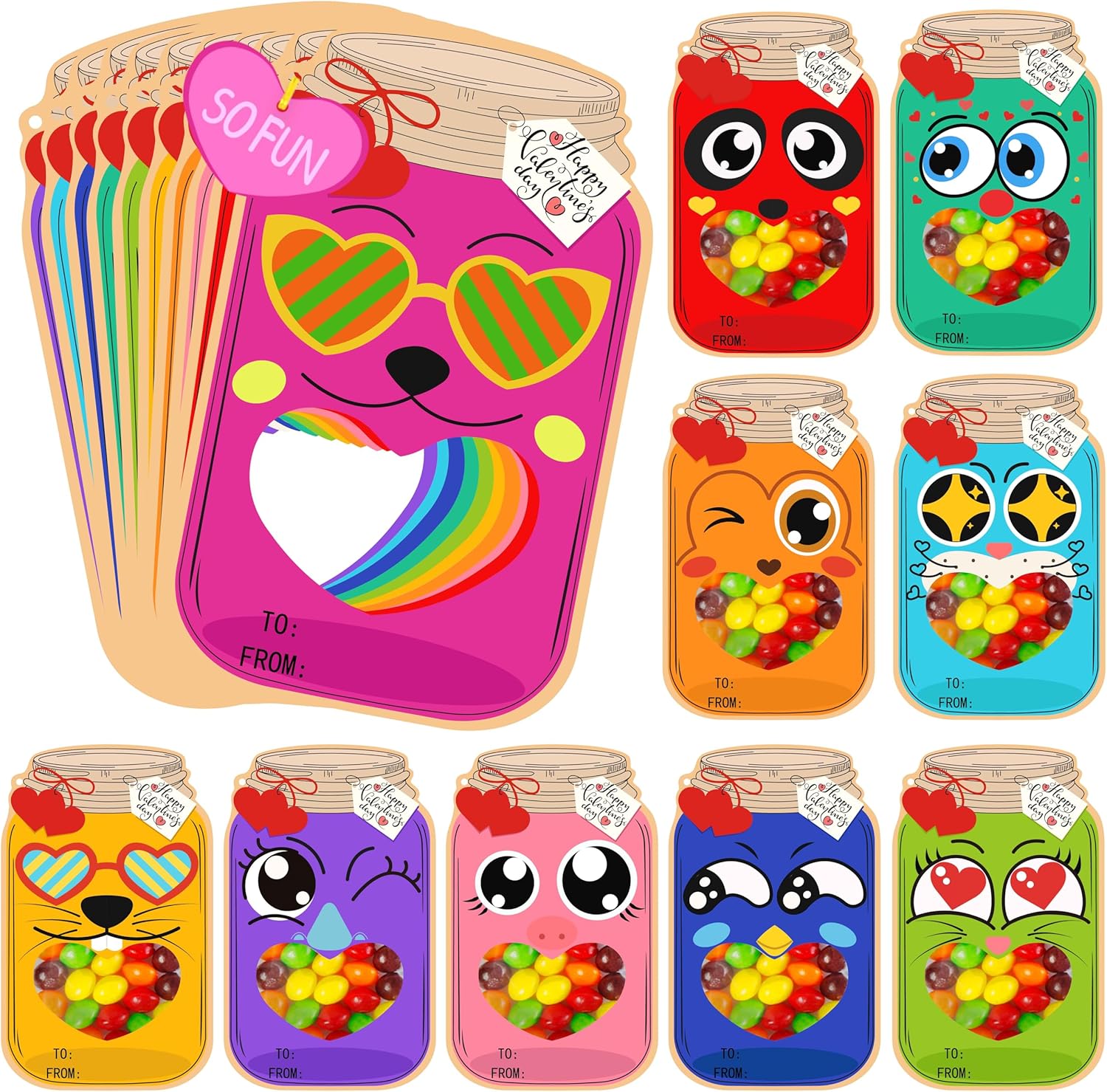 Natonhi 50 Pack Valentine Day Cards for Kids, Fun Mason Jar Valentines Day Candy Card, Kid Bulk Valentines Day Exchange Cards for Classroom School Party Favors(Candy Not Included)