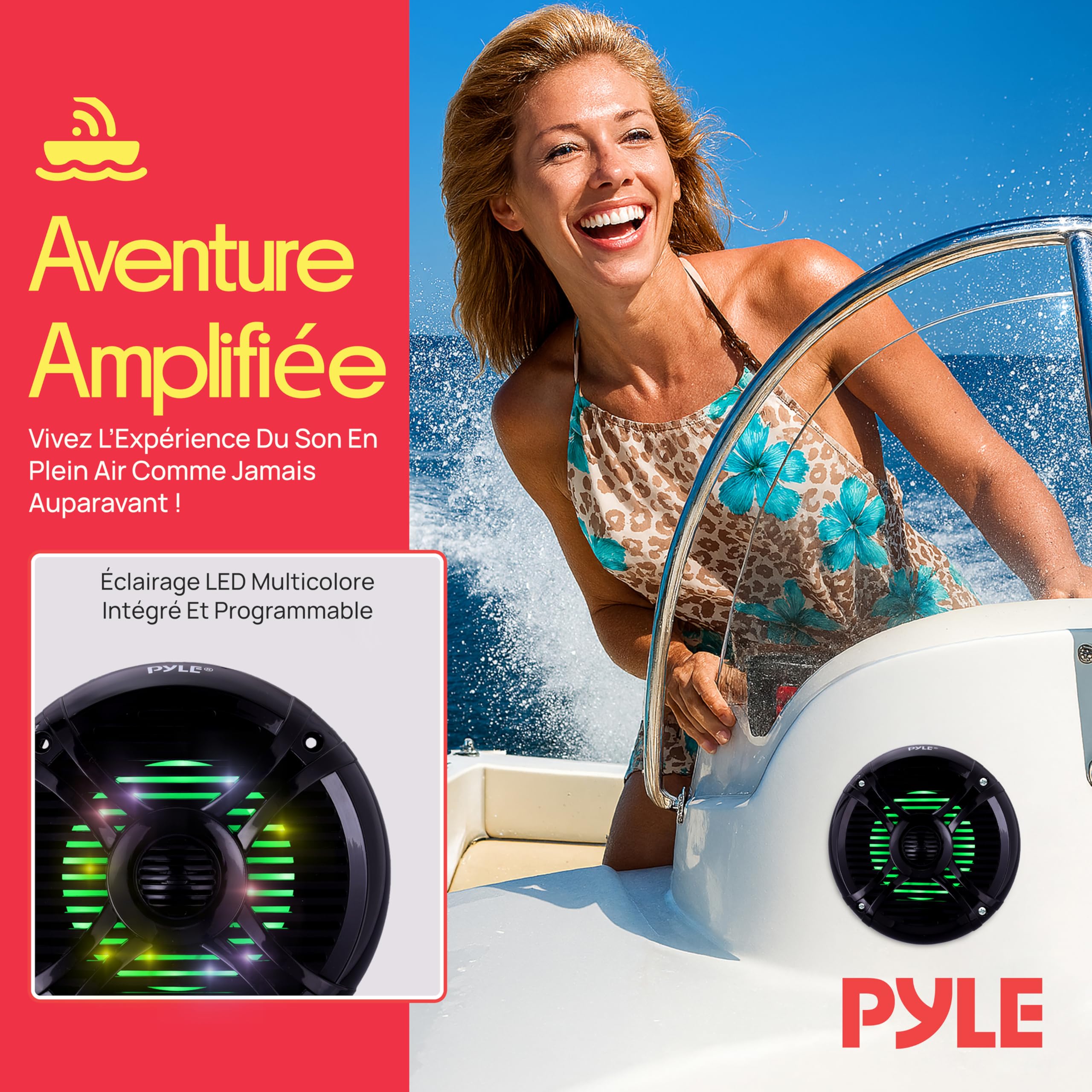 Pyle Haut-Parleur Marin Dual 6,5” Étanche - 250W Système Audio Stéréo Radio Voiture/Bateau Résistant aux Intempéries avec Lumières LED, Câble de Montage et Grill - 1 Paire (Noir)