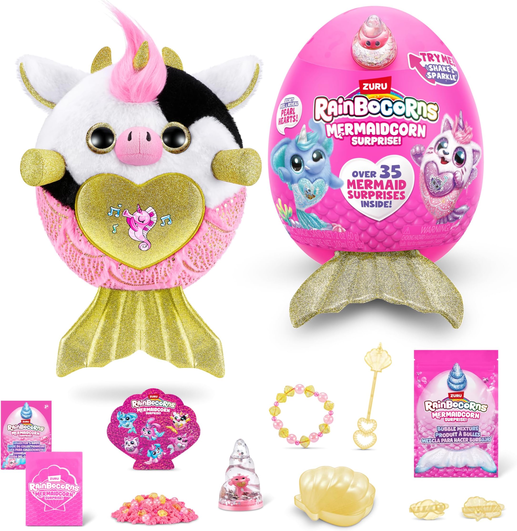Mermaidcorn (Cow) by ZURU, Collectible Plush, Mermaid Surprises, Cuddle Plush Stuffed Animal, Surprise Egg, Stickers, Magic Sands & Bubble Mixture, for Girls 3+ Up