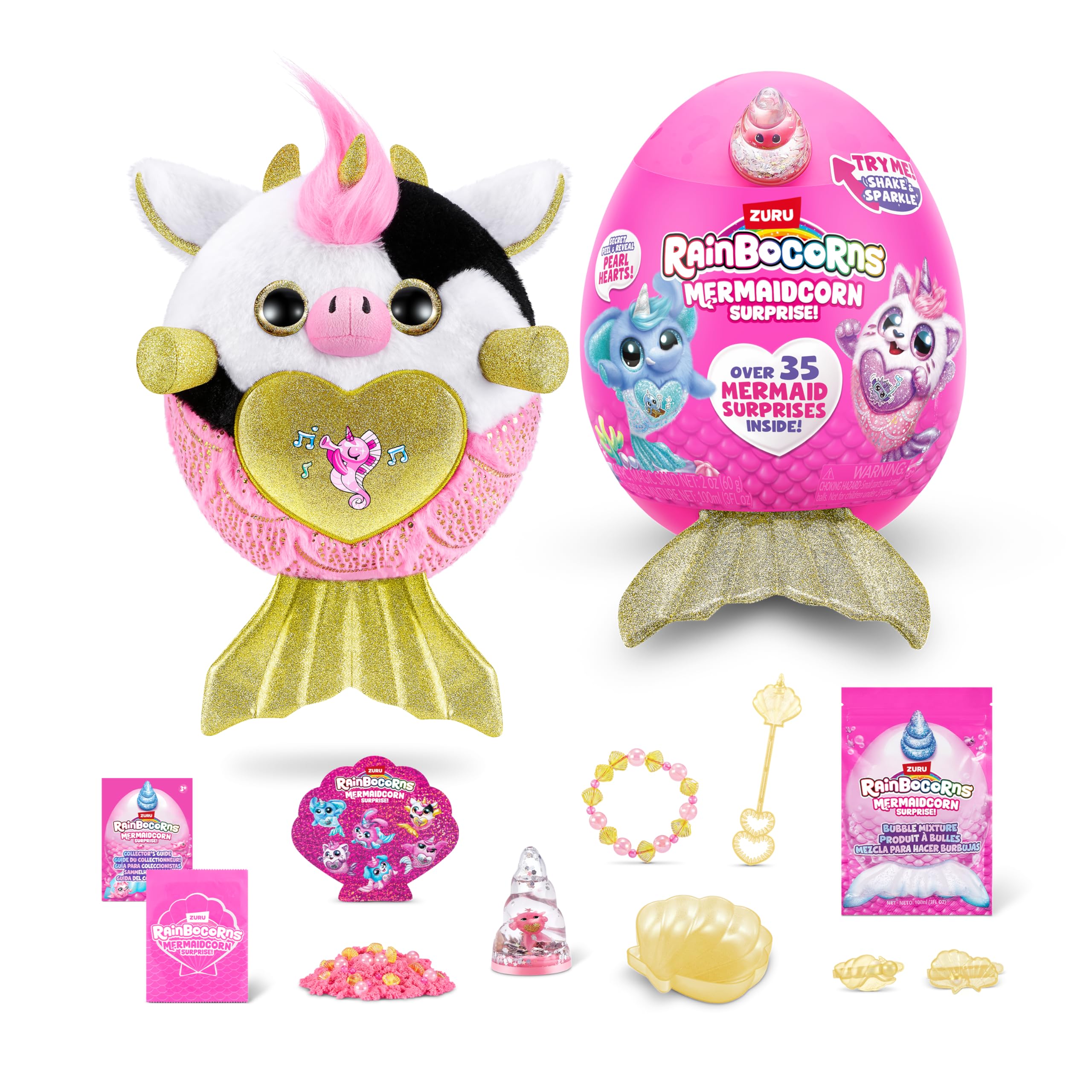 Rainbocorns Mermaidcorn (Cow) by ZURU, Collectible Plush, Mermaid Surprises, Cuddle Plush Stuffed Animal, Surprise Egg, Stickers, Magic Sands & Bubble Mixture, for Girls 3+ Up