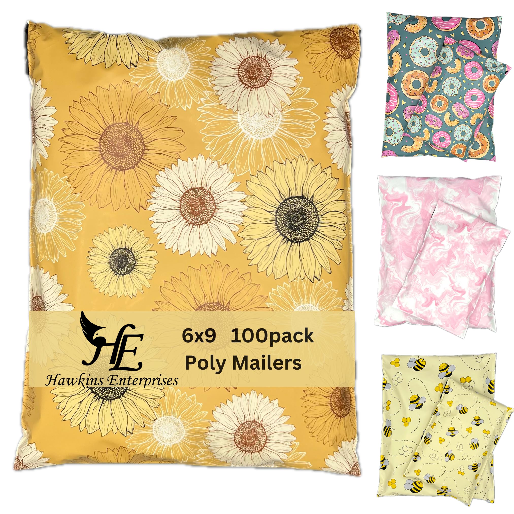 Hawk Poly Mailers 6x9 Cute Floral Heavy Duty 3.15mil Tamper-Evident & Self-Sealing Shipping Envelopes for Small Businesses Printed Waterproof Mailing Bags Non Padded (Sunflower Symphony, 6x9)