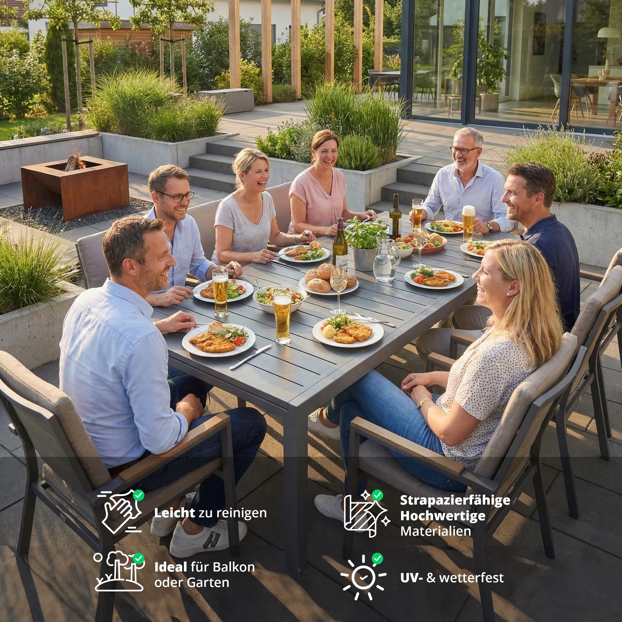 KHG Gartentisch ausziehbar Grau, Ausziehtisch aus Eisen-Gestell und Aluminium Tischplatte für 10 Personen, wetterfest UV-beständig, 100x75x203-320 cm