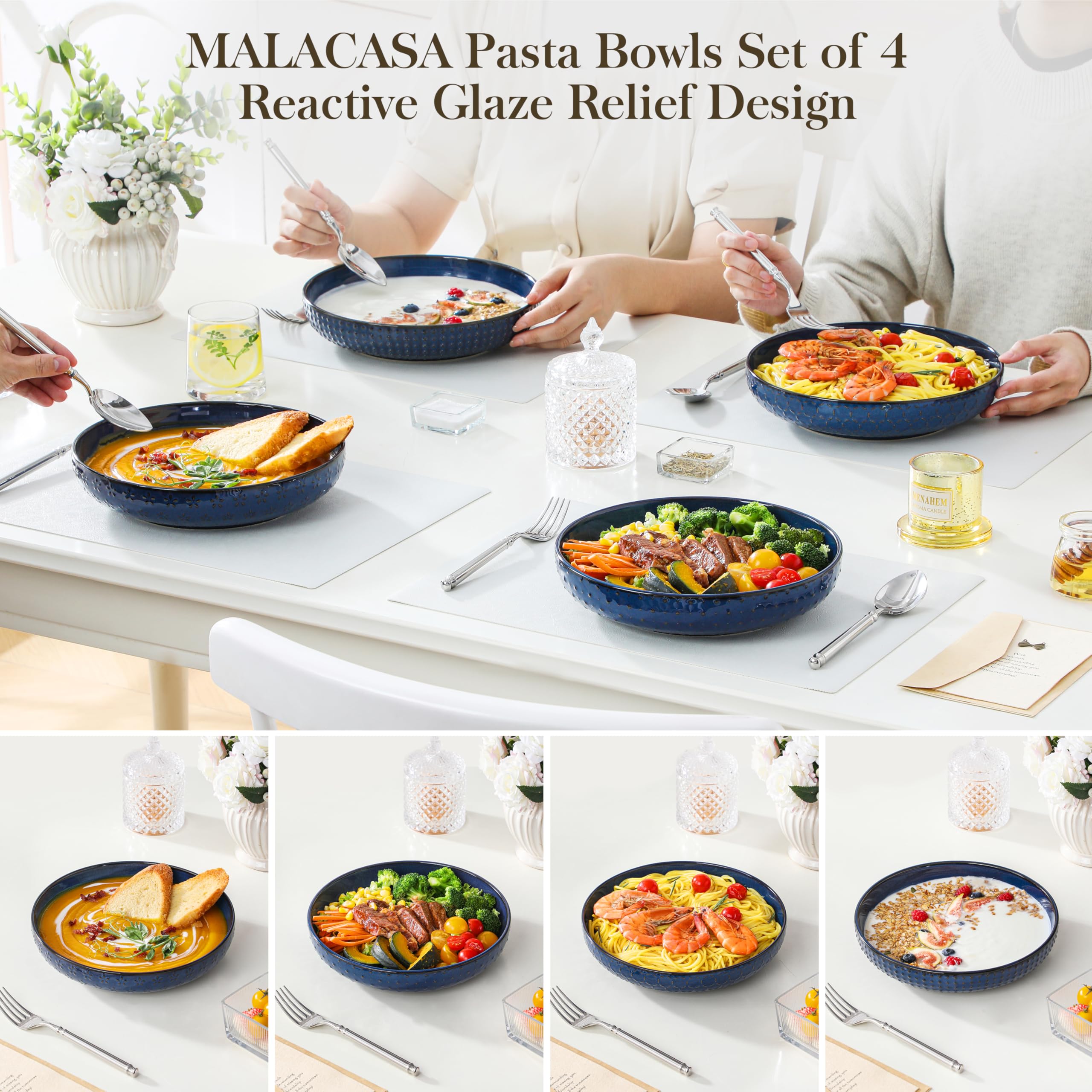 MALACASA LYDIA talerze do zupy, zestaw 4 sztuk, duże miski do zupy, 1570 ml, miski na makaron, Ø 24,1 cm szerokości i płaskie talerze głębokie do spaghetti, miski na makaron, duże miski do sałatek