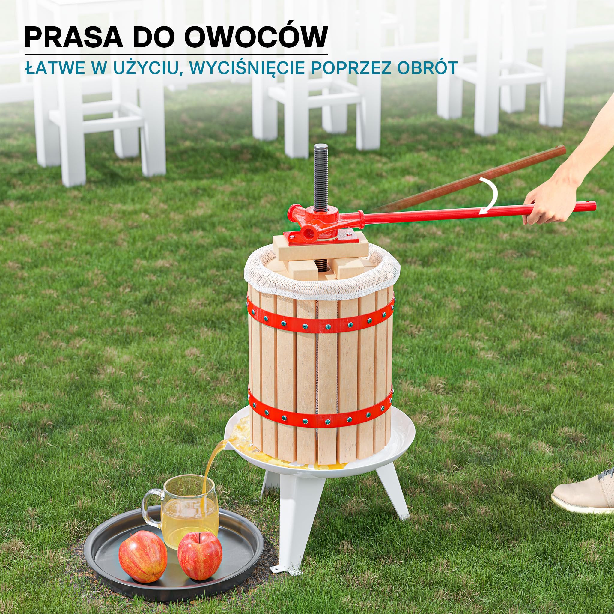 Wiltec Drewniana prasa do owoców 6 litrów, ręczna śrubowa wyciskarka do soków i cydru z workiem filtracyjnym, idealna do win, nalewek i soków