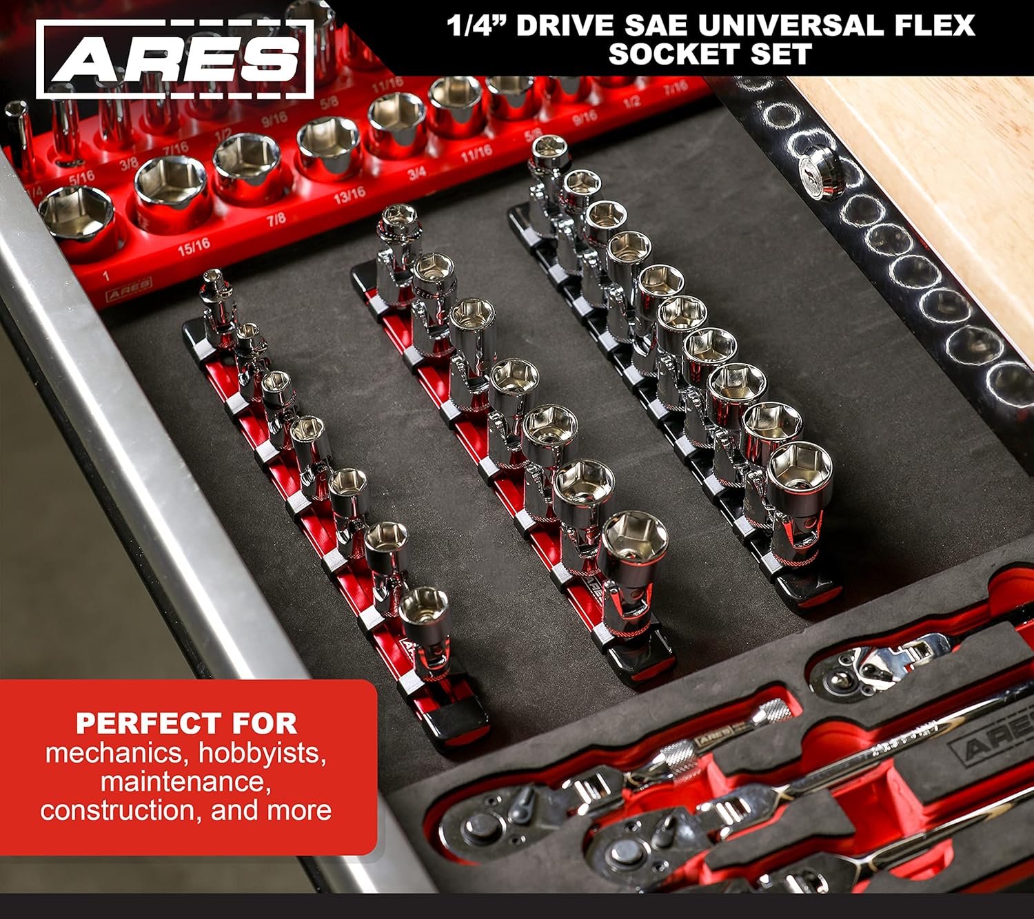 ARES 39014 – 7-Piece 1/4-Inch Drive SAE Universal Flex Socket Set – 6-Point Sockets from 3/16-Inch to 9/16-Inch - Universal Joint Flex Design For 360 Degree Access – High Visibility Laser Markings
