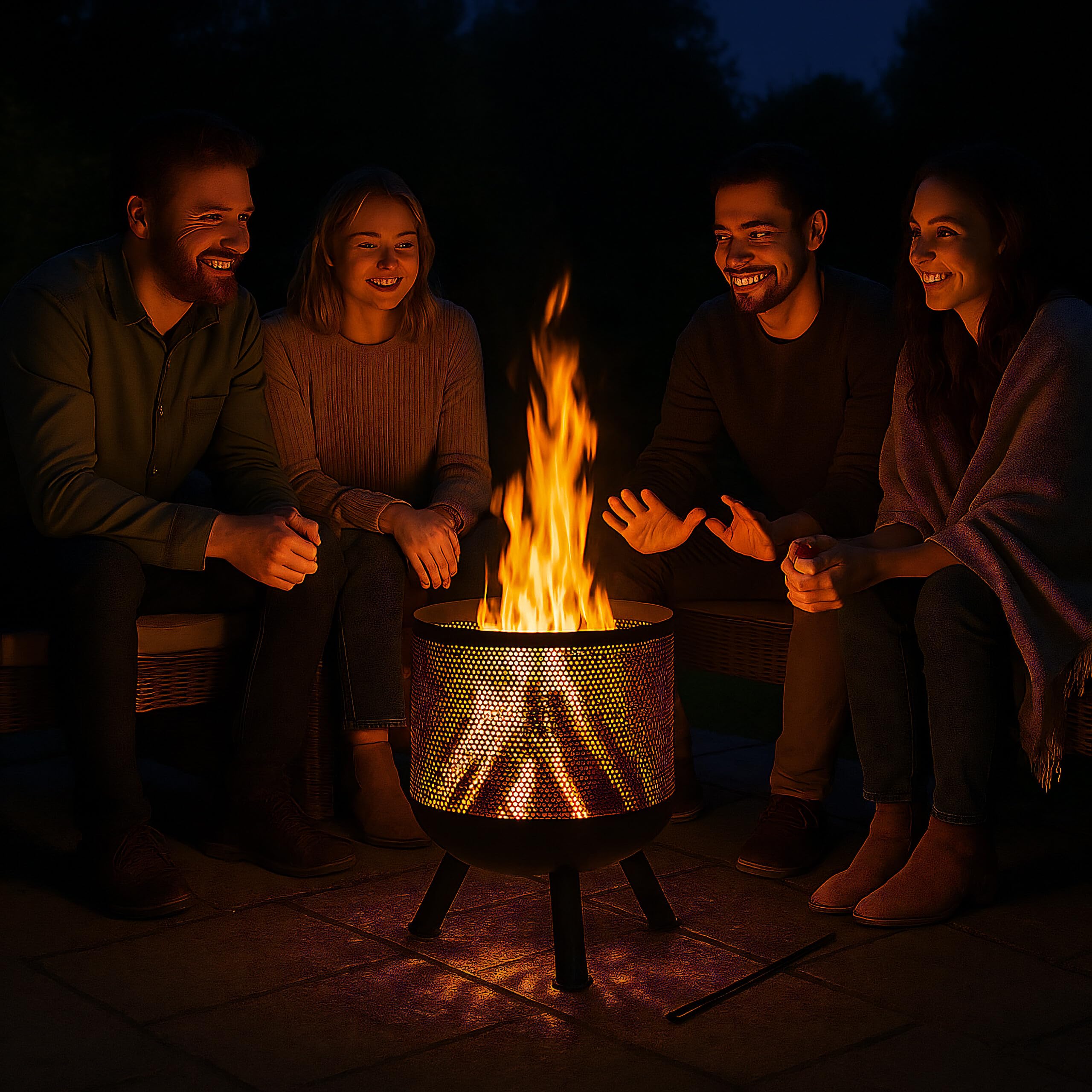 Relaxdays Feuerkorb, Mesh Design, Feuerrost, Schürhaken, Feuer im Garten, Feuertonne, Stahl, HxD: 53 x 44 cm, schwarz