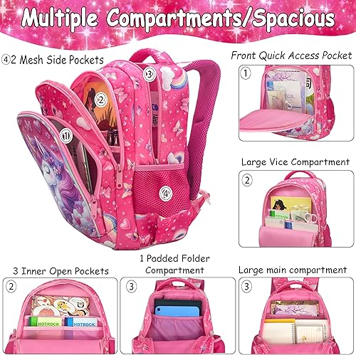 Miniatura 4 de Mochila escolar de unicornio rosa para niñas, mochila escolar para primaria, jardín de infantes, preescolar, mochila de viaje con correa para el