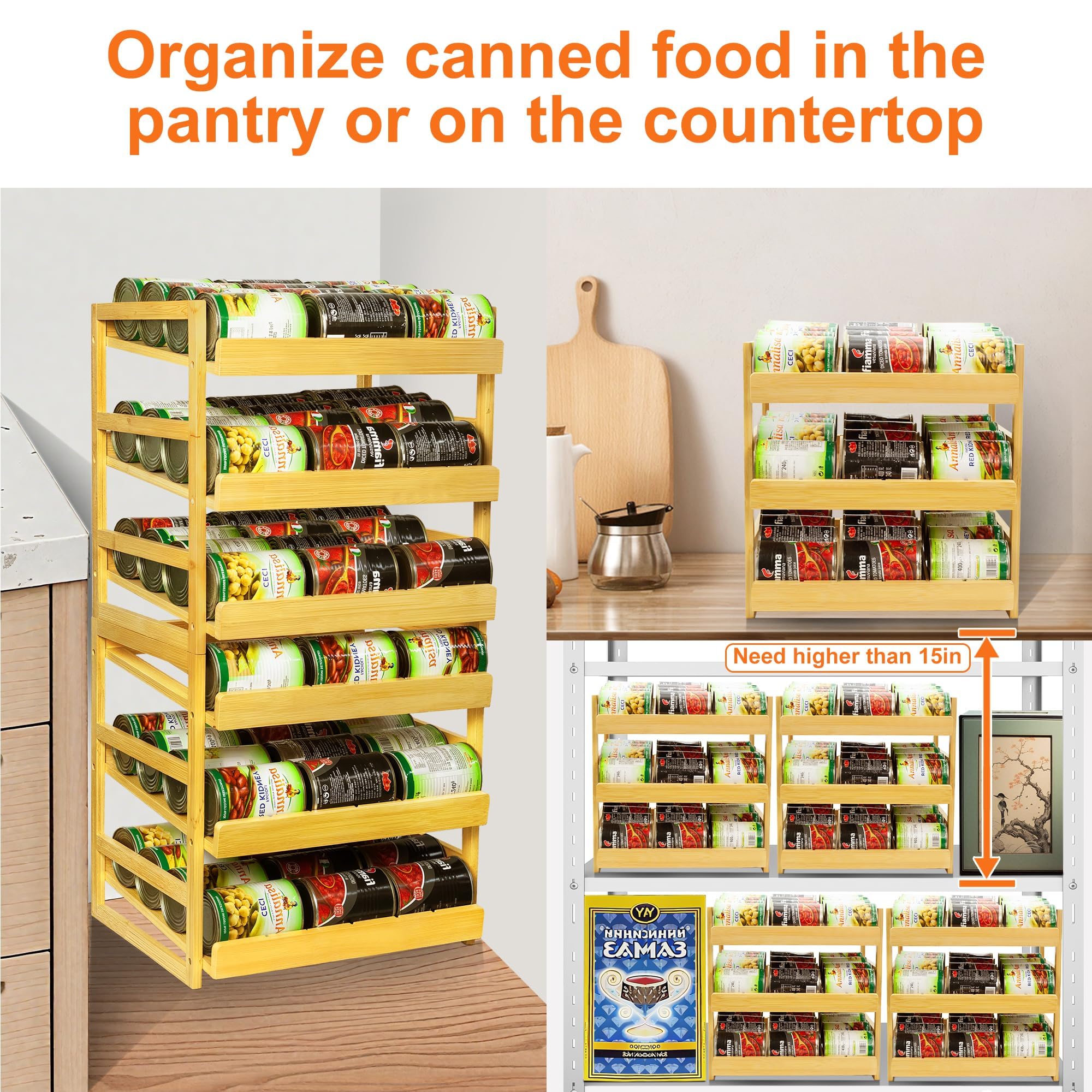 MinBoo Organizador de latas de bambú para despensa, estante apilable para 36 latas, almacenamiento de alimentos enlatados, estante de despensa, armario de cocina o encimera