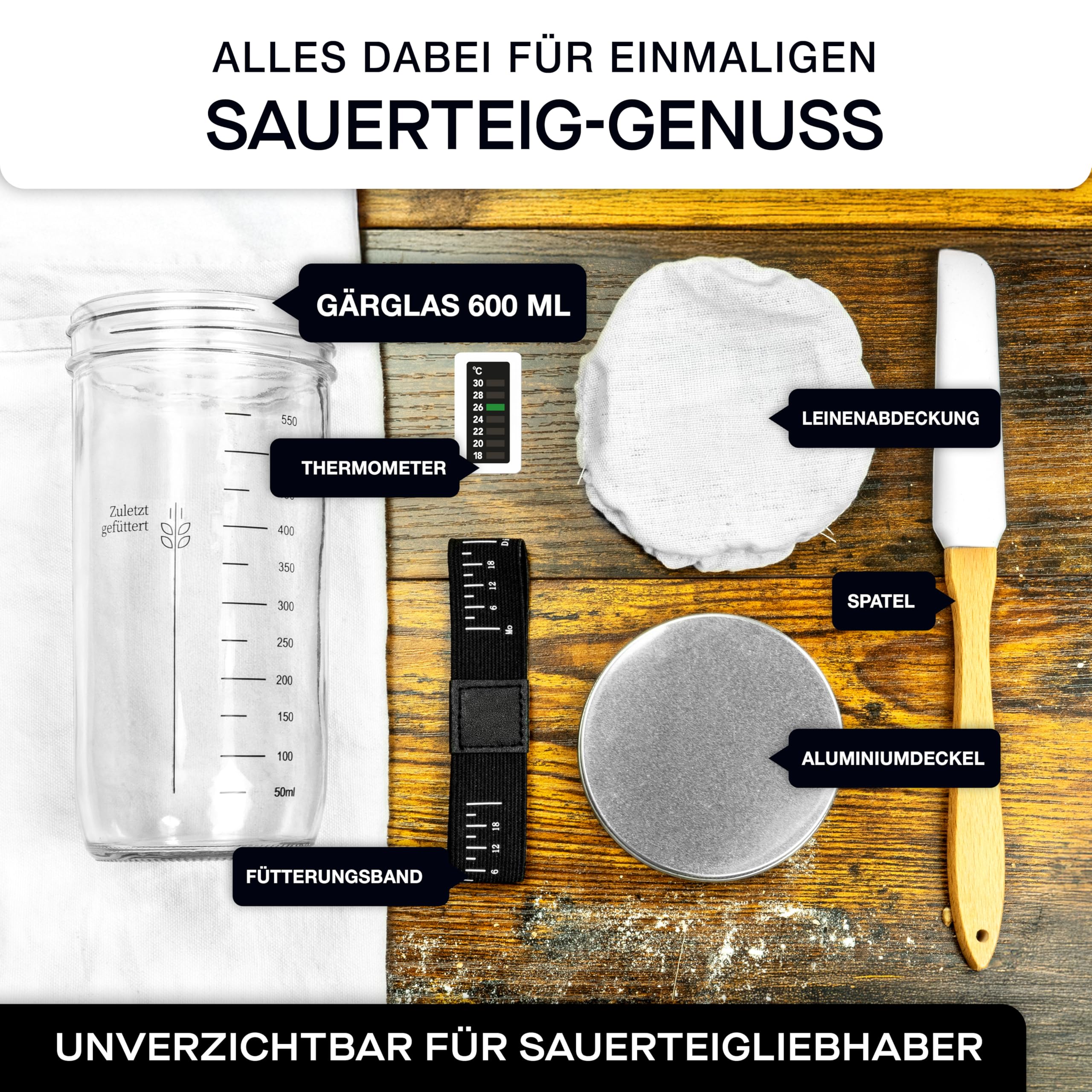 besøk Sauerteig Starter Set - 600ml Gärglas mit Spatel u. Thermometer - Brot Backen Zubehör, Sauerteig Glas, Fermentieren, Sourdough Starter Kit, Anstellgut Glas Behälter, Fermentierglas