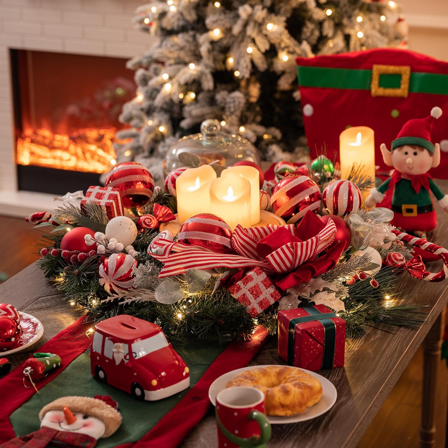 Valery Madelyn 30'' Pre-Lit Christmas Wreath for Front Door with Lights, Large Lighted Outdoor Christmas Wreath with Red White Xmas Balls & Bow for Home Porch Fireplace Window Holiday Wall Decor