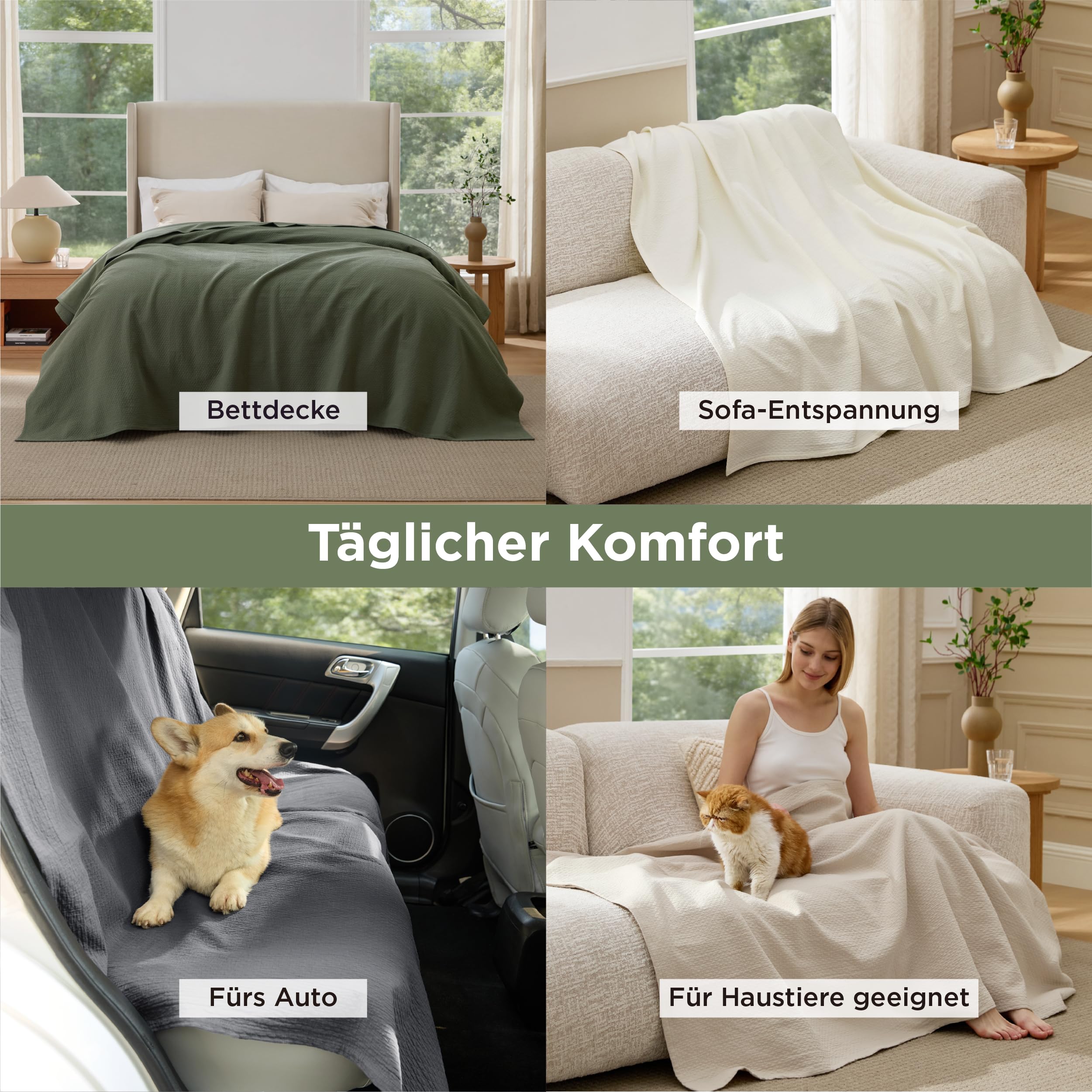 BEDSURE Tagesdecke 100% Baumwolle Kuscheldecke mit Rautenmuster Beige 180x240cm
