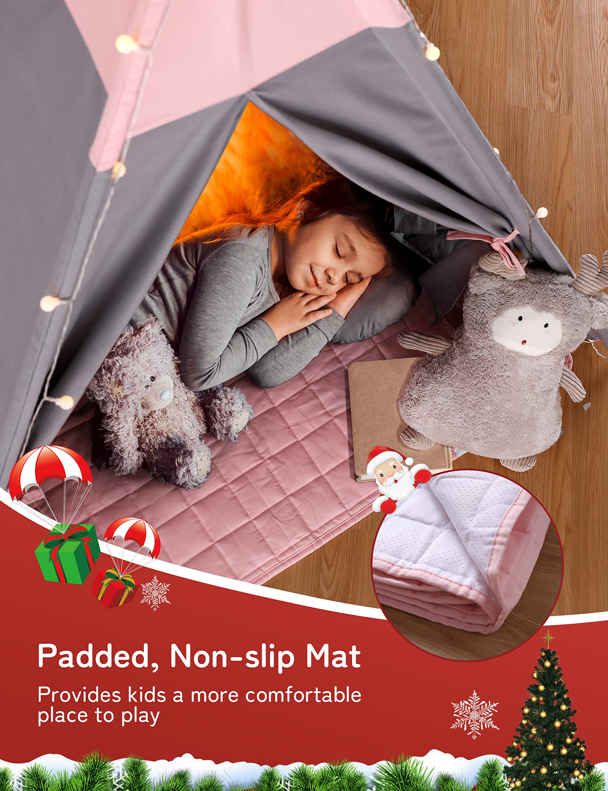 besrey Tenda per Bambini da Gioco in Tela Indiana Teepee in Cotone con Tappetino Imbottito e Luci Fatate (Rosa e Grigio)