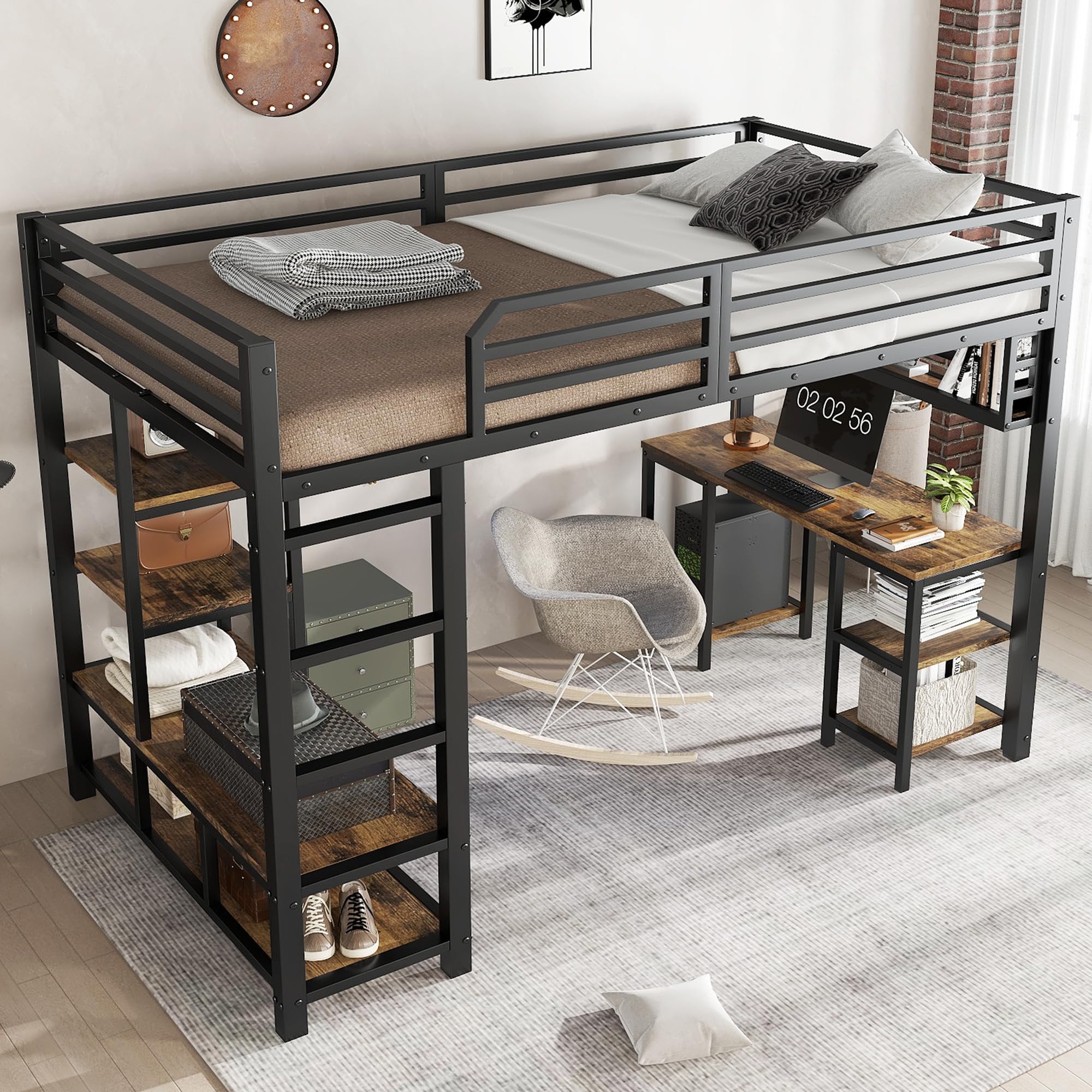 Cama alta de metal, 120 x 200 cm, con escritorio y estante, cuna con barandilla de seguridad y escalera de 4 niveles, marco de hierro estable (negro y oscuro A)