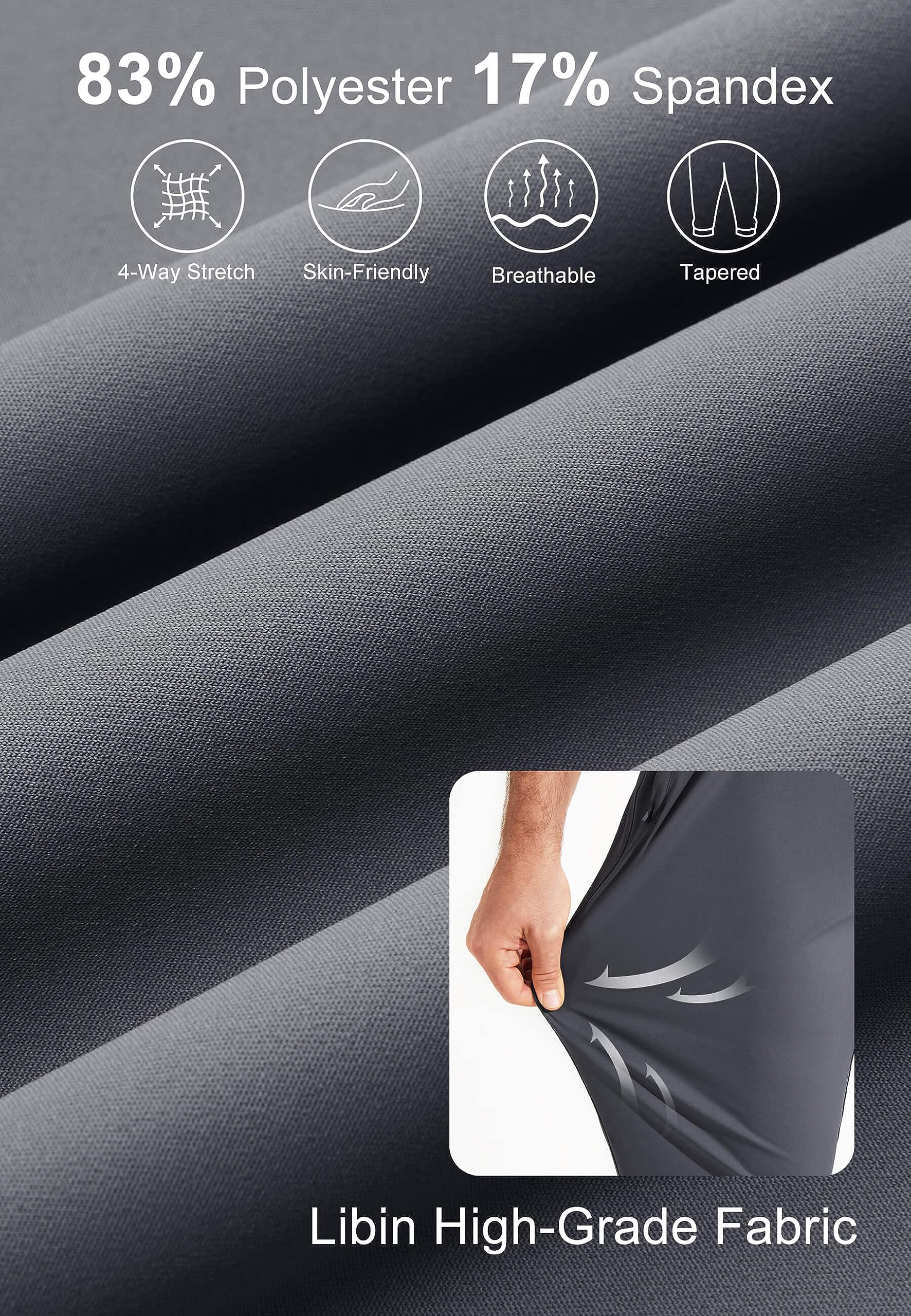 Libin Pantaloni da golf da uomo, leggeri, 3 tasche, vestibilità aderente, morbidi, elasticizzati, affusolati, da lavoro, atletica, Grigio scuro, M