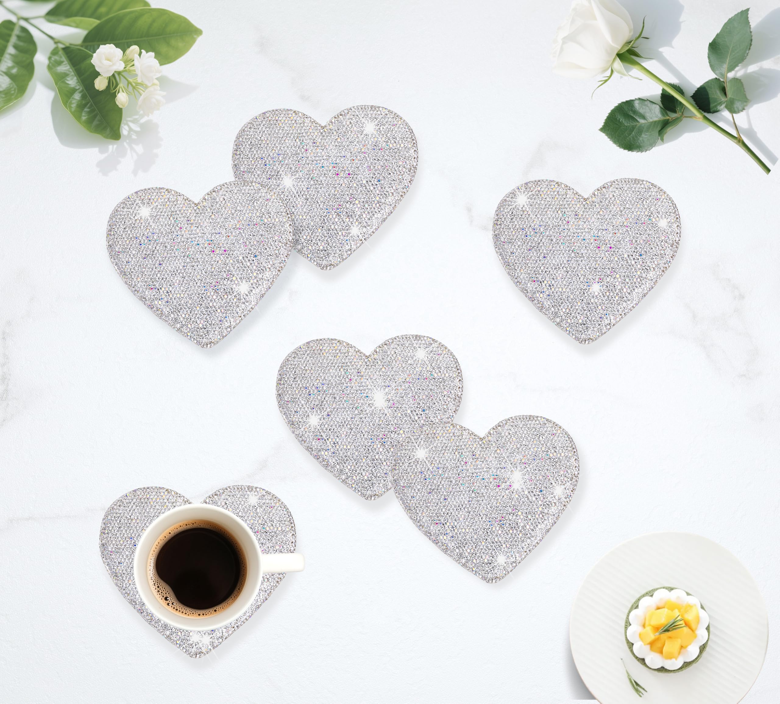 Bling Herzförmige Untersetzer, Set mit 6 Strasssteinen, Diamant-Trinkuntersetzer für Couchtisch, Kristall-Tassenmatte für heiße oder kalte Getränke, verdickt, rutschfest, Herz-Geschenke, glitzerndes