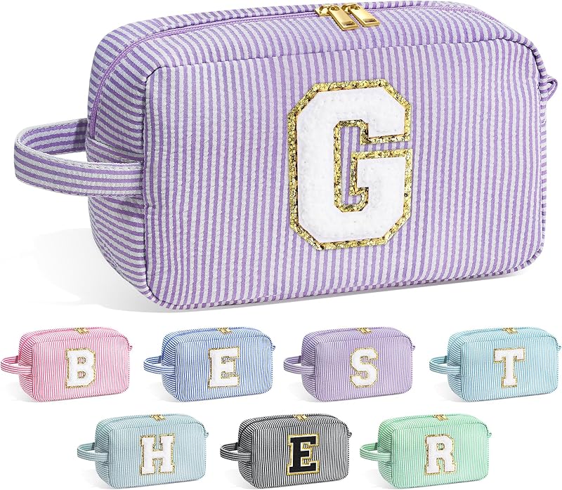 YOOLIFE Necessaire de maquiagem retangular com letra inicial, zíper, roxa G