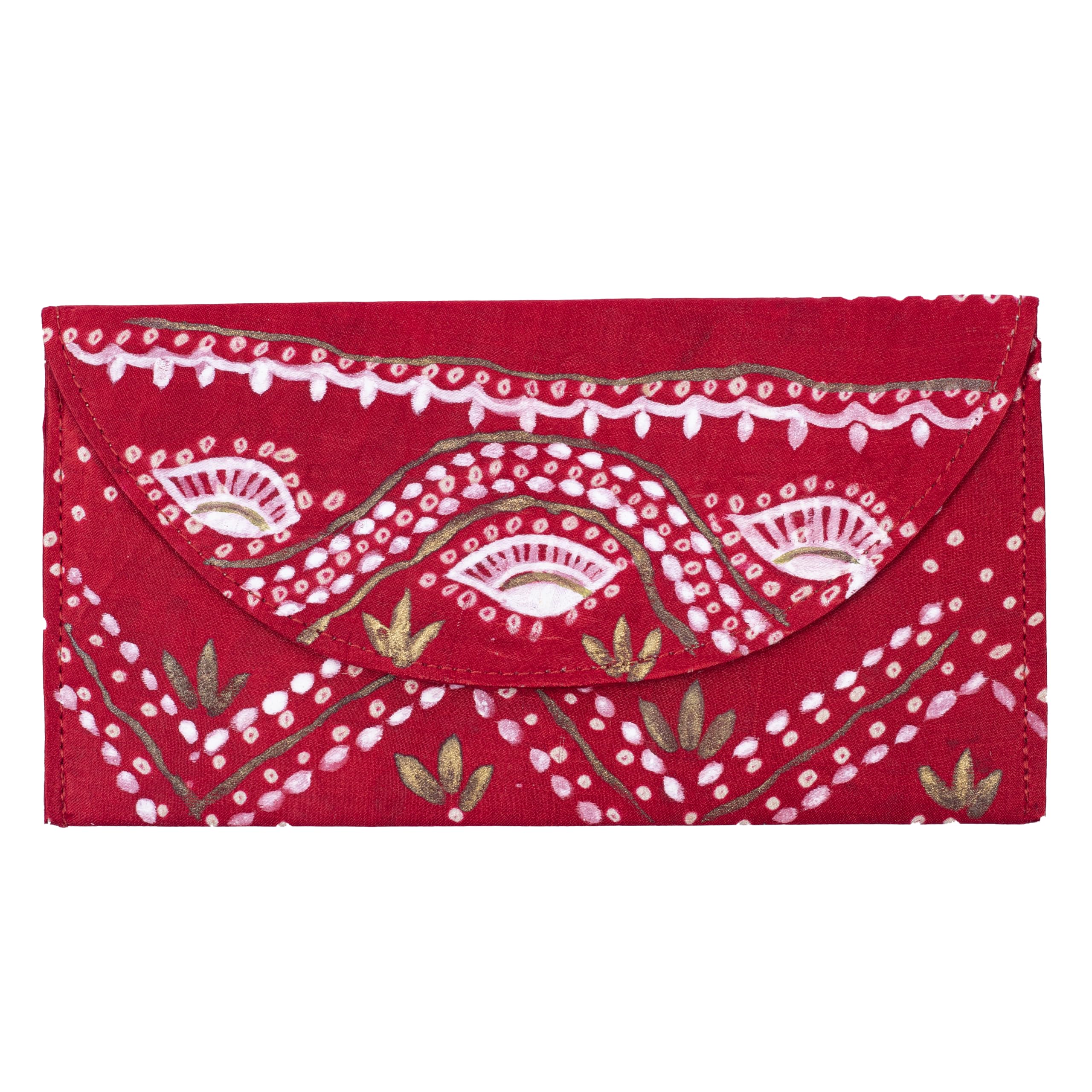 Red Silk Money Cover | Hand-Painted Wave & Leaf Motif Cash Envelope for Weddings, Shagun & Festive Gifting - Reusable Traditional Silk Envelope