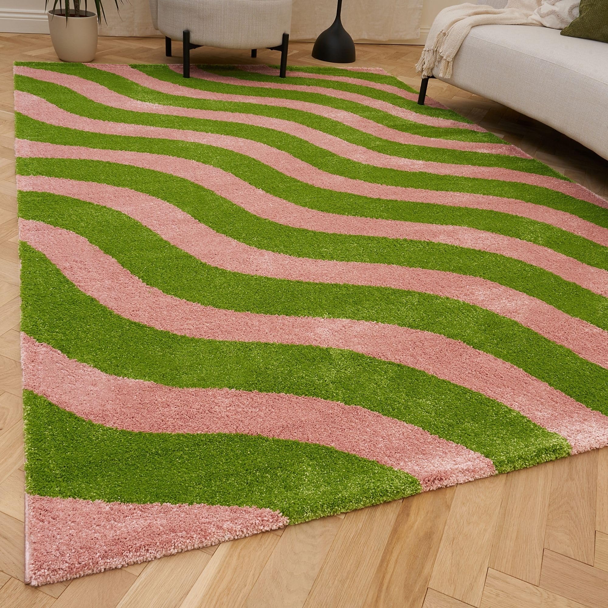 THE RUGS Joli Area Rug - Soft Dense Pile Modern Artistic Design, Durable & Easy Care Carpet for Living Room & Bedroom - Striped Green & Pink, 120 x 170 cm