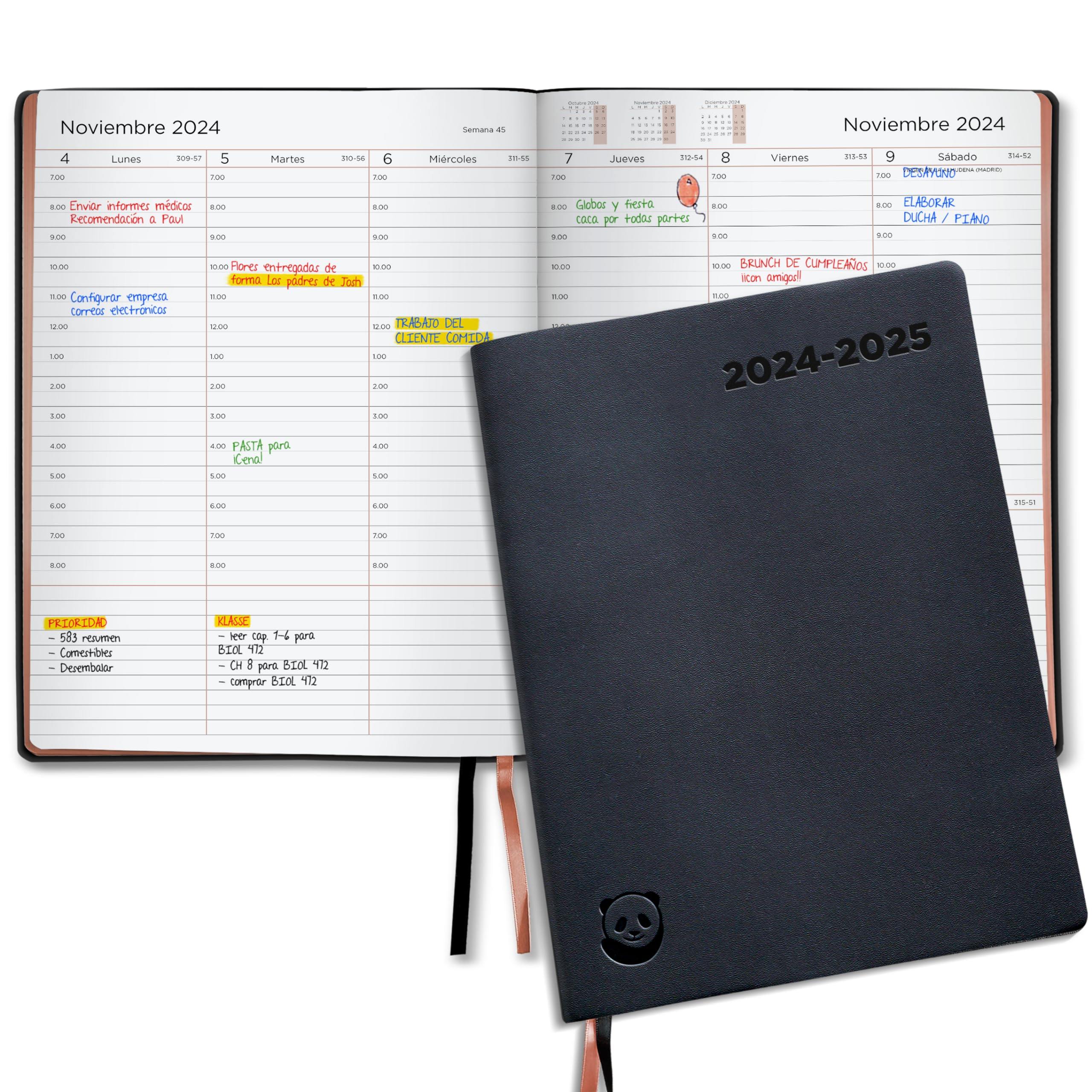 Agenda 2024 2025 Premium - A4 Planificador 2024 2025 Semana Vista, Oro Rosa - con Caja de Regalo - Intervalos de 30 minutos - Julio 2024 a Agosto 2025, Diario Espiral - en Español