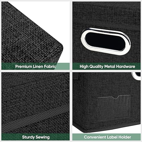 Miniatura 6 de BALEINE Contenedores de almacenamiento con tapas, cajas de almacenamiento plegables de tela de lino con tapas, contenedores organizadores plegables