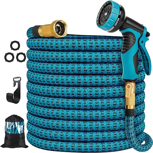 Manguera de jardín de 50 pies, manguera de agua de 50 pies con boquilla rociadora de 10 funciones, extra resistente 3750D, manguera flexible de