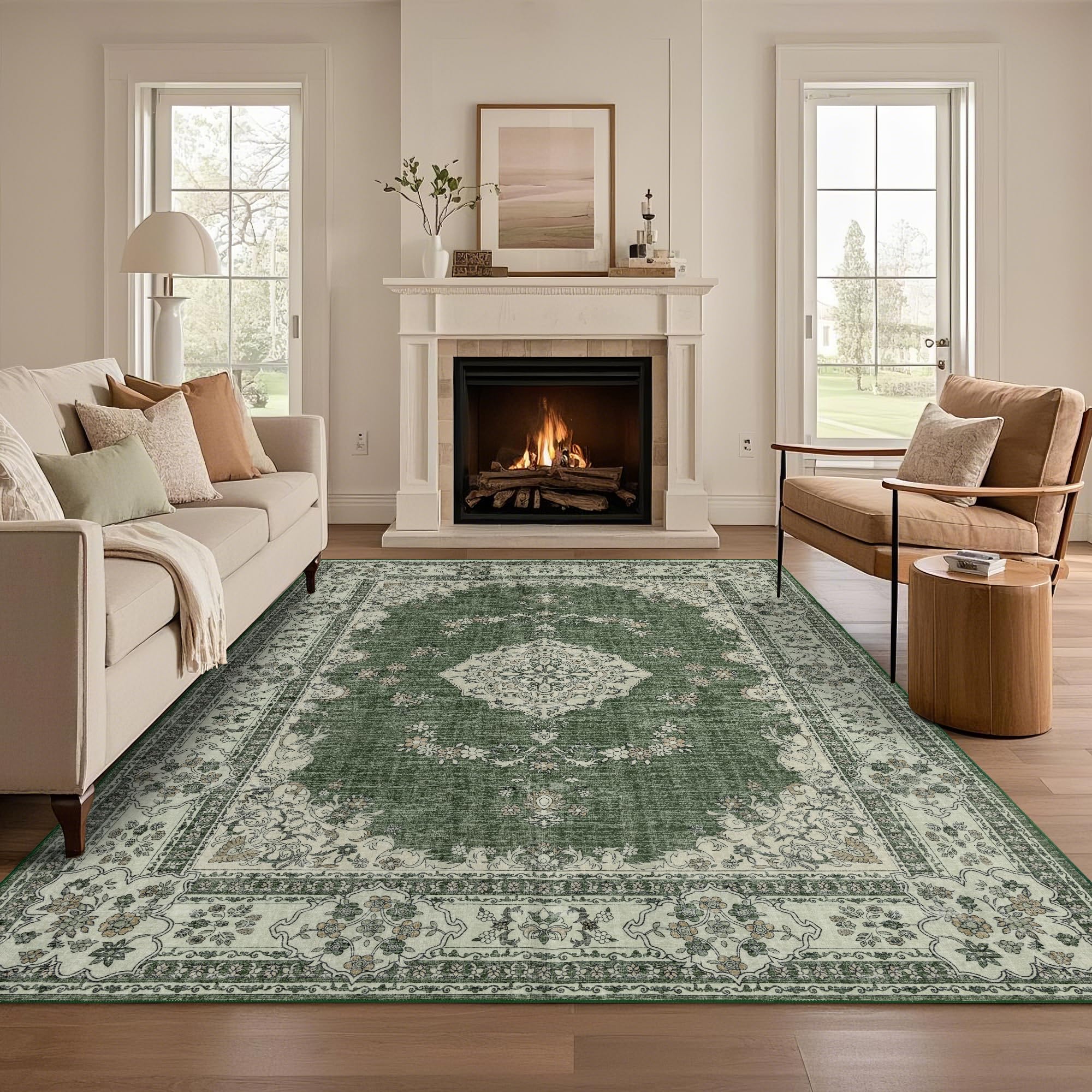 Brevonox 9x12 Area Rug Washable: Oriental Soft Area Rug for Living Room Bedroom No Shedding - Low Pile Thin Carpet Rug for Dining Room Non Slip - Boho