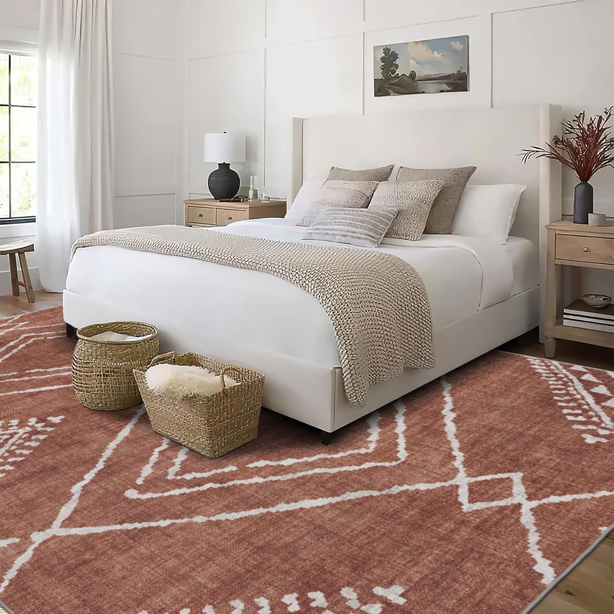ReaLife maschinenwaschbarer Teppich – schmutzabweisend, familien- und haustierfreundlich – aus hochwertigen recycelten Fasern – marokkanischer Diamant – Orange, 91 x 152 cm
