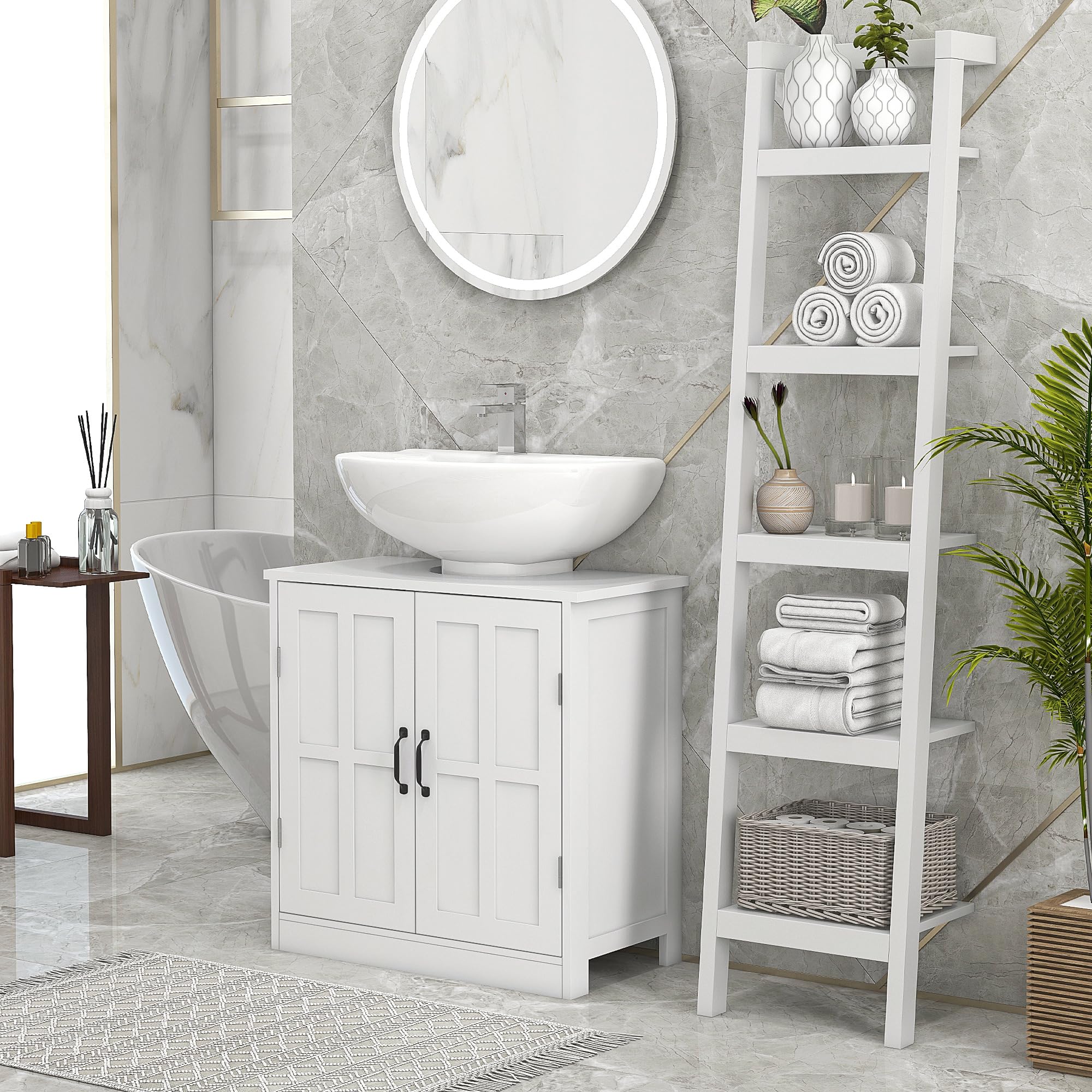 kleankin Meuble sous lavabo Salle de Bain Meuble sous Vasque Armoire de Rangement pour lavabo avec Double Porte et étagère réglable, 60 x 30 x 60 cm, Blanc