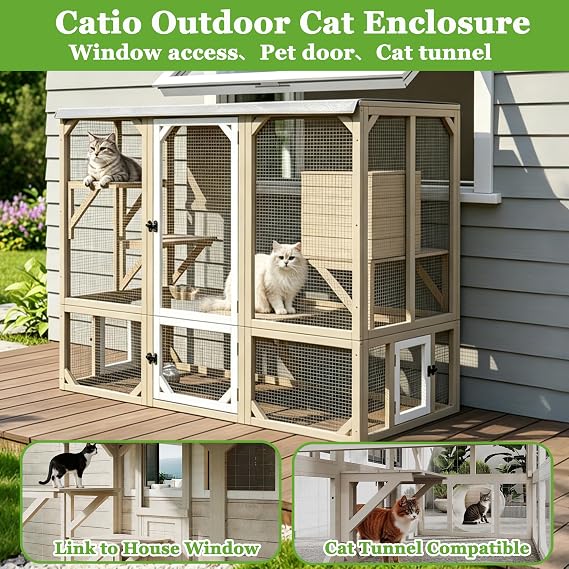 PetsCosset Catio Cat Enclosures Cat's House for Indoor Outdoor for 1-3 Cats | Window Cat House Wooden Pet Enclosure with Resting Room,Waterproof Roof,Jumping Playforms,Sliding Door for Perch Backyard Use