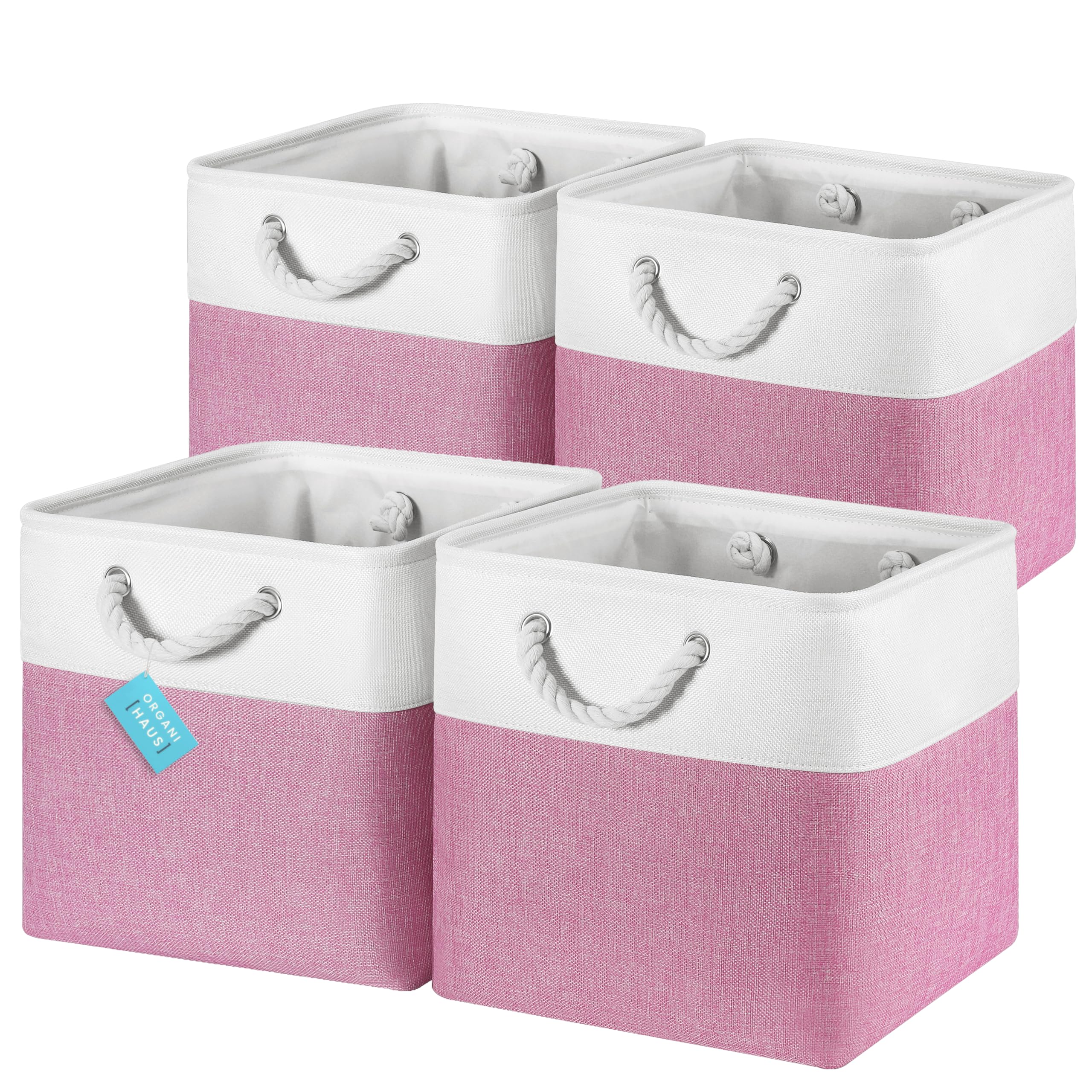 OrganiHaus Aufbewahrungsbox 33x33cm 4er-Set, Würfelkörbe aus Stoff mit Seilgriffen, Faltbare Aufbewahrungswürfel für Kallax Organizer, Ablagekörbe für das Kinderzimmer Rosa/Weiß