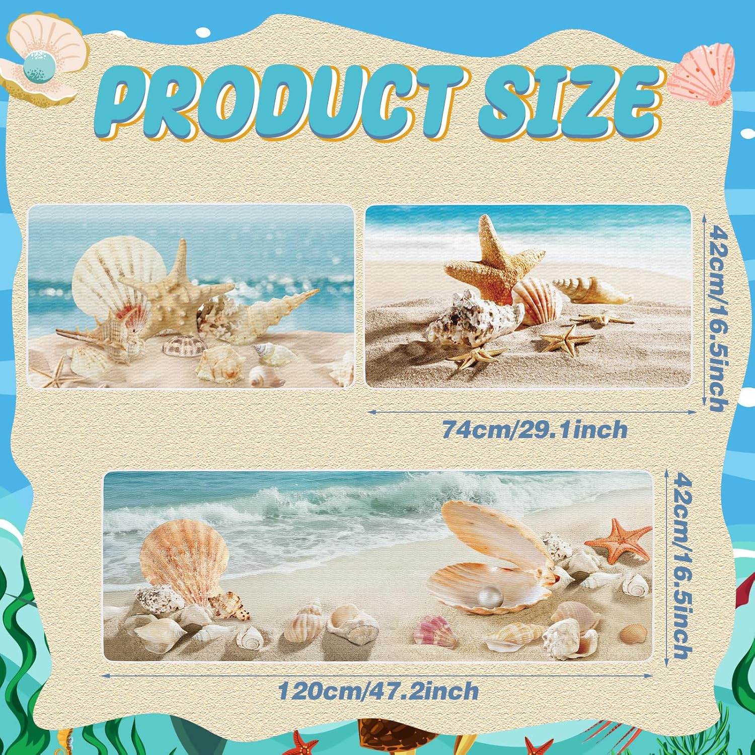 Drydiet 3 Pcs Beach Theme Kitchen Rugs and Mats Set Sea Ocean Non Slip Area Rug Coastal Starfish Shell Waterproof Floor Mat for Summer Kitchen Hallway Home Door Party Decor, 17 x 29 and 17 x 47 Inch