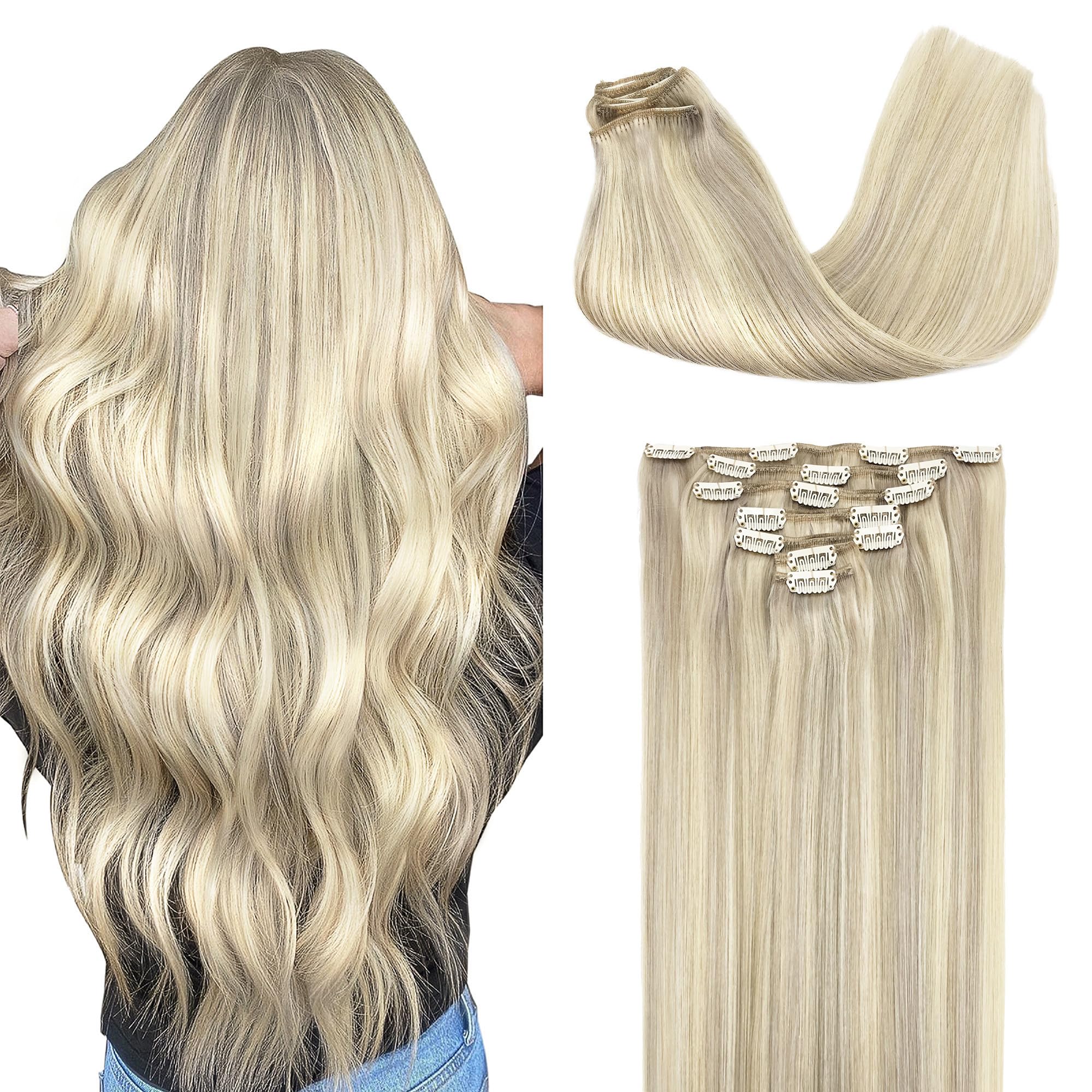 GOO GOO Clip in Hair Extensions Real Human Hair, Remy Human Hair Extensions Clip ins for Women, Natural Human Hair, 18inch 120g 7Pcs, 17A/60A Ash Blonde Highlighted Platinum Blonde 18 Inch-120g-7Pcs #17A/60A Ash Blonde Highlighted Platinum Blonde