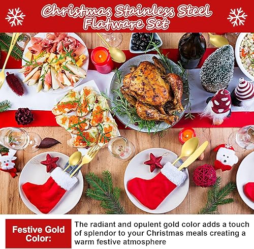 Miniatura 5 de Tioncy Juego de cubiertos de Navidad de 24 piezas de acero inoxidable, tenedores, cuchillos y cucharas, juego de cubiertos de Navidad para el hogar,