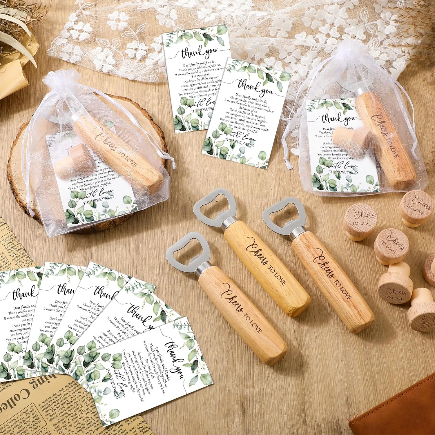 Barydat 72 Sets Wedding Favors for Guests Bulk Engraved Wood Wine Corks Beer Bottle Openers with Wedding Thank You Cards Organza Bags Cheers to Love Appreciation Gifts Bridal Shower Souvenirs