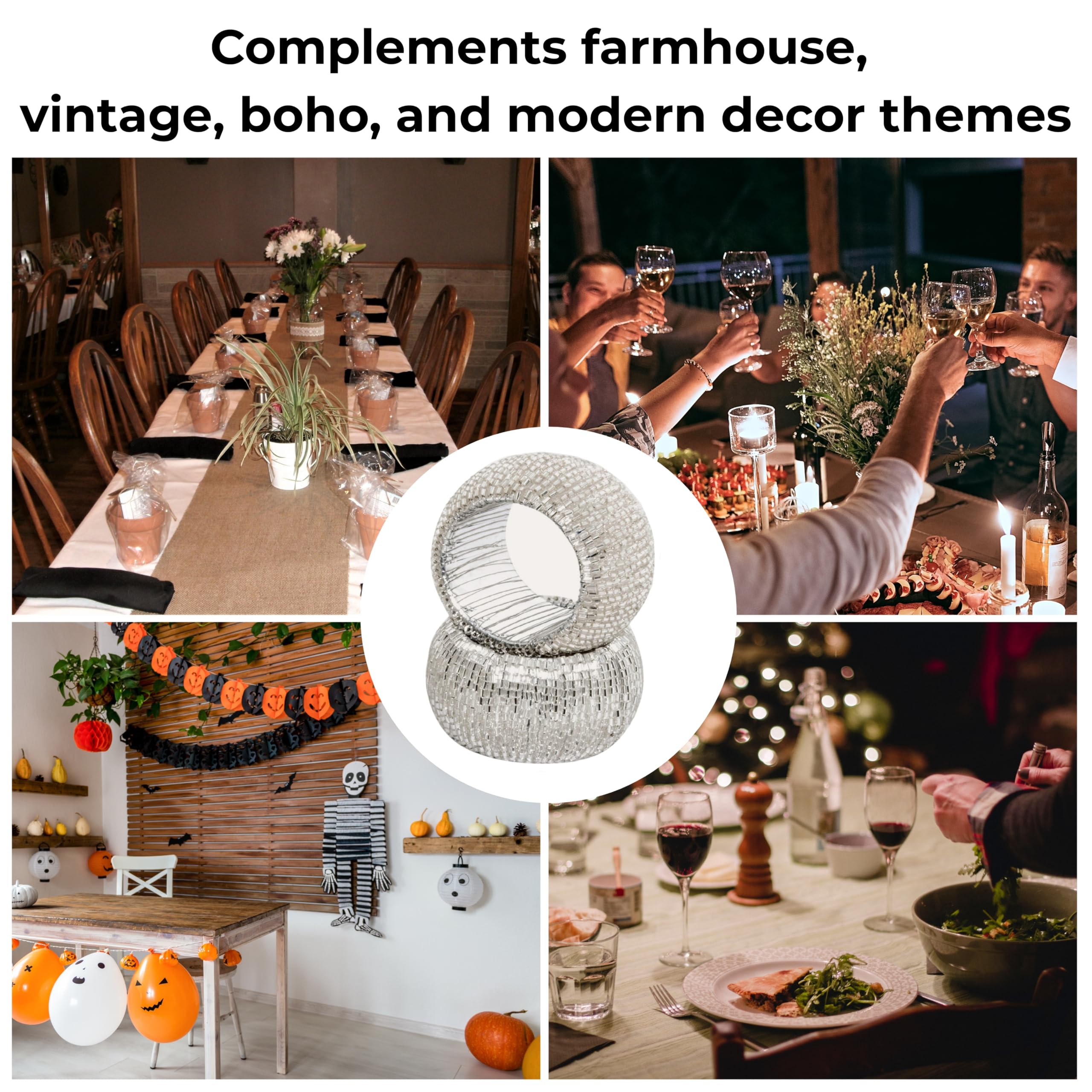Set di 12 portatovaglioli con perline, fatti a mano da abili artigiani, per Natale, Ringraziamento, feste, decorazioni da tavolo, set di anelli decorativi per tovaglioli, argento