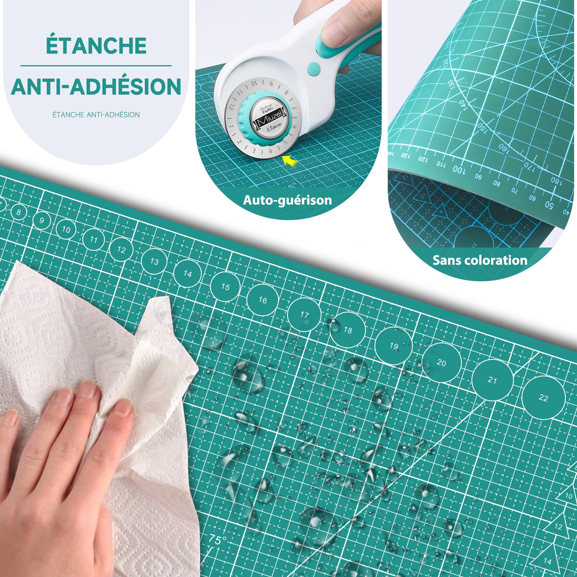 Miuzei Tapis De DéCoupe A3 Avec Coupe-Rouleau Et Lames De Rechange Accessoire De Couture Auto-Cicatrisant Ensemble De DéCoupe De Tissu Sous-Main Pour Travaux Manuels