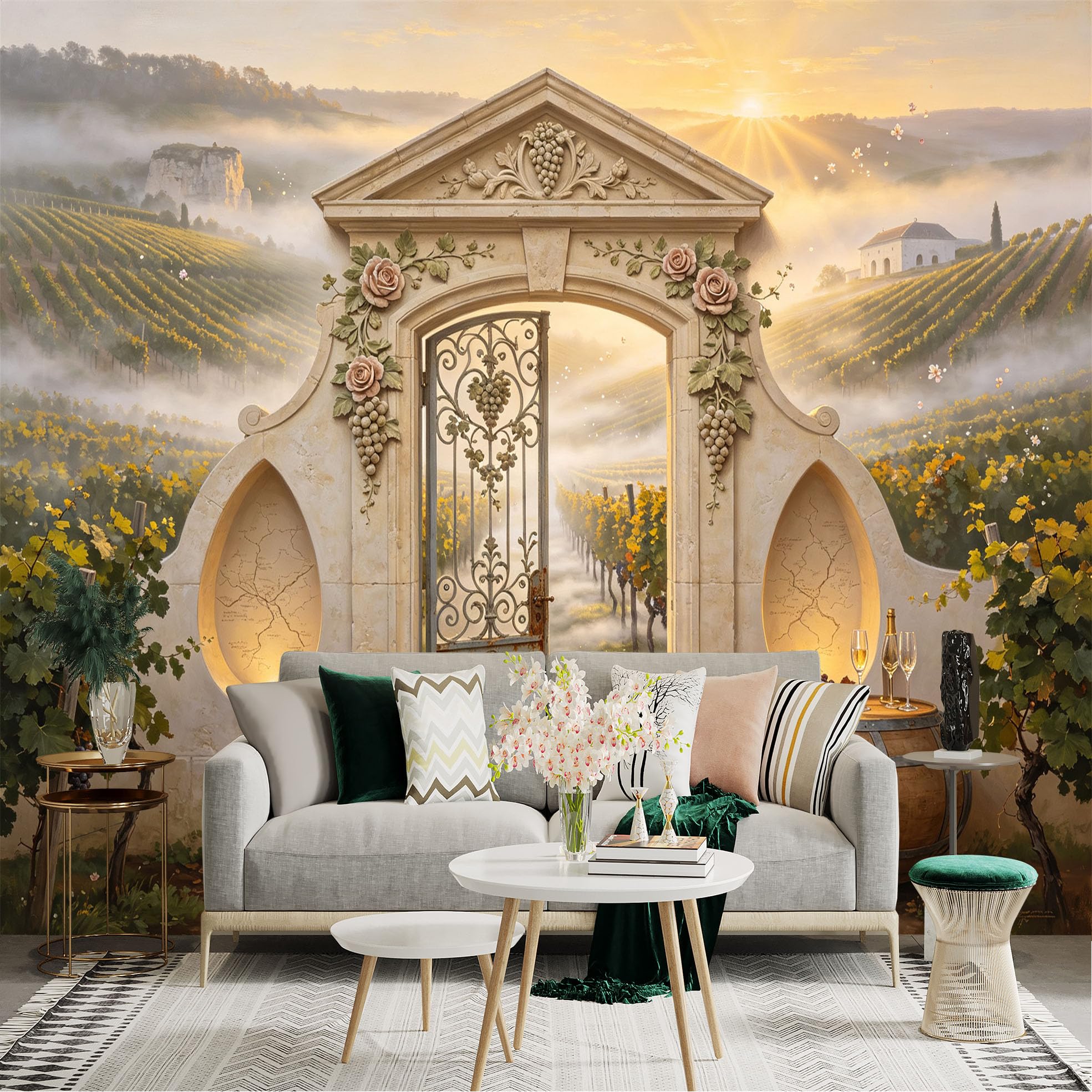 Lnzczhyre Bh260719279 Custom Size Wall Sticker Mural， Scenic Vineyard Landscape， Tuscan Garden Gate， Wine Barrel And Sunset View， For Wall Decoration， Peelandstick Wall Decals.